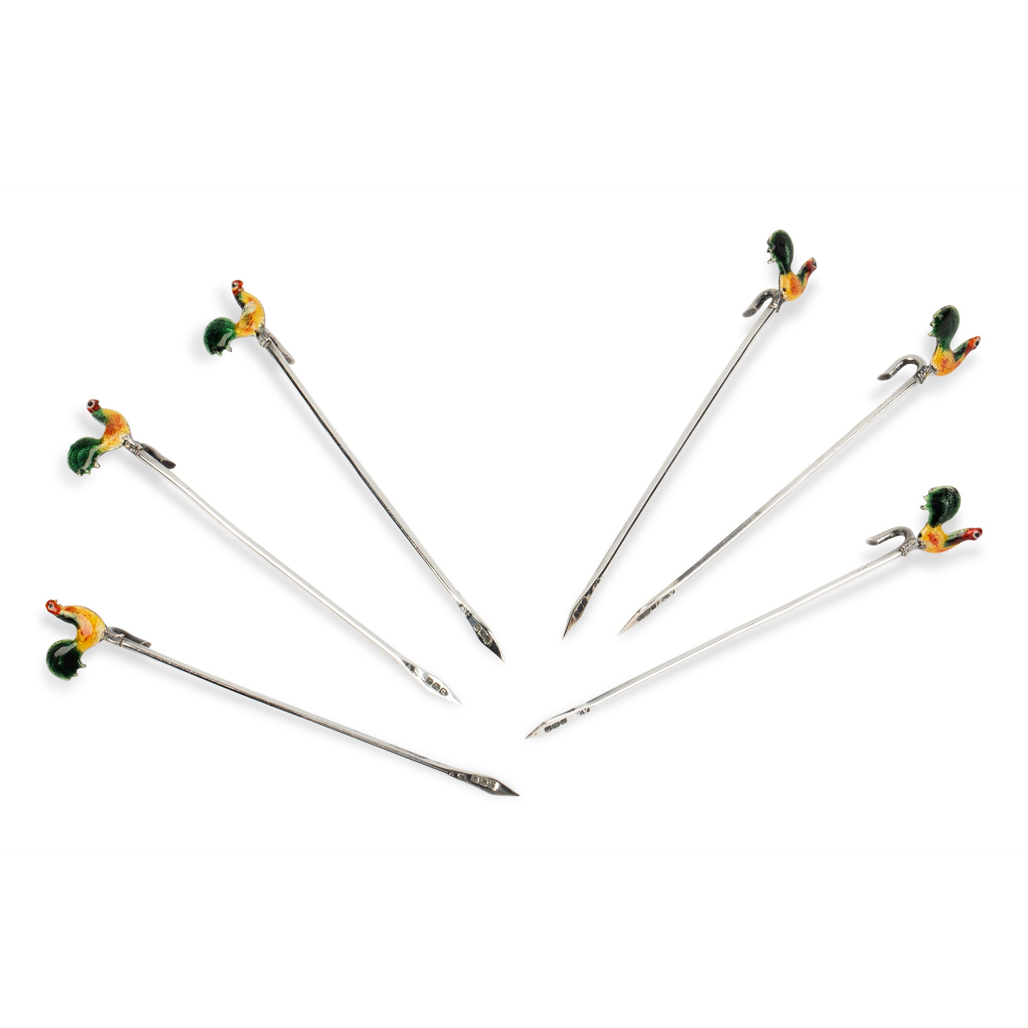 Art Deco Sterling & Enamel Rooster Cocktail Pick Set