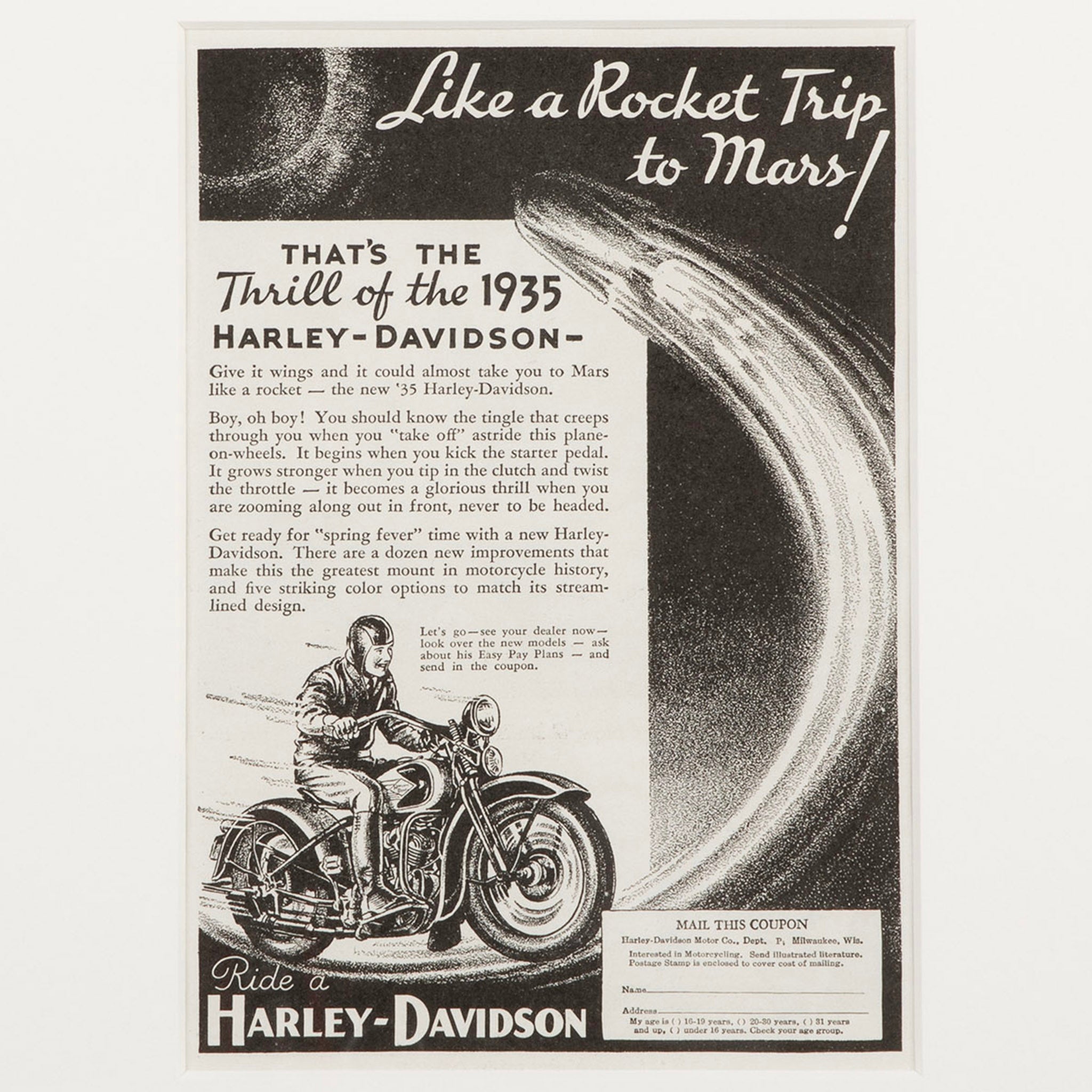 Framed 1935 Harley-Davidson like a Rocket Ship to Mars Advertisement