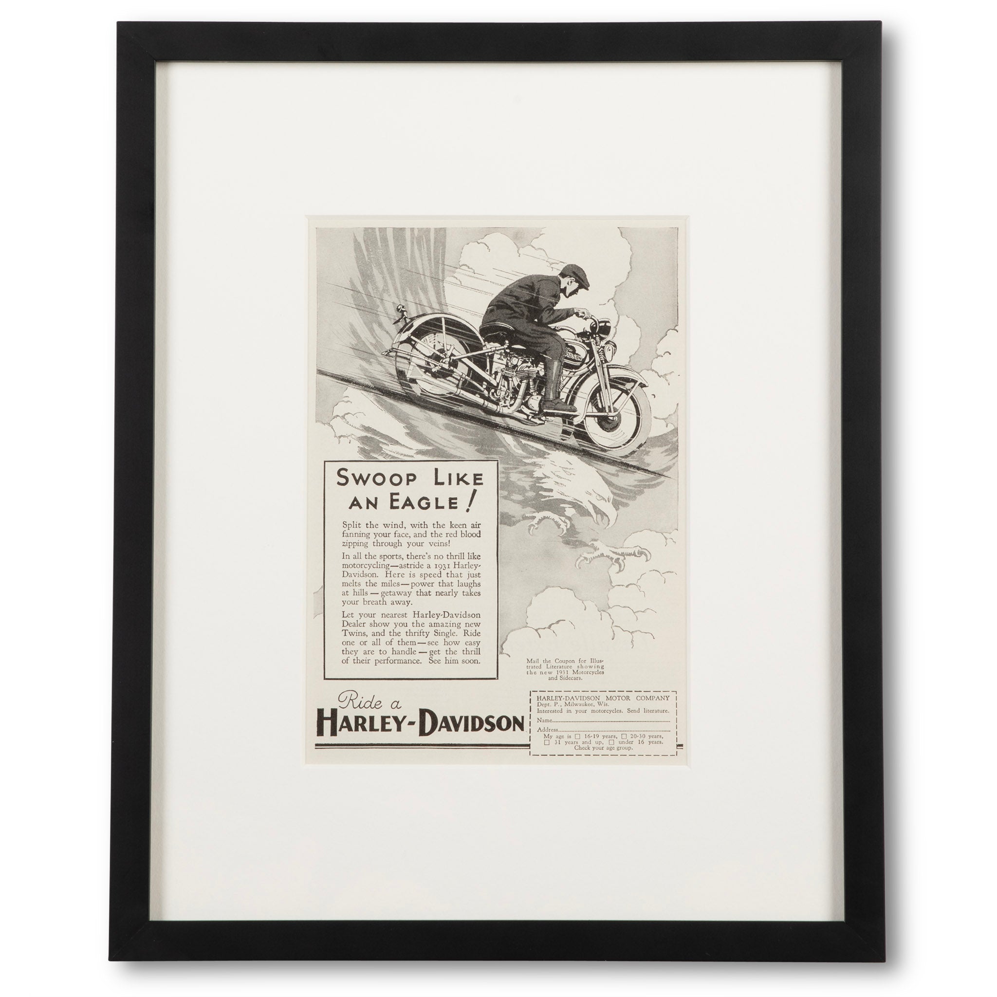 Framed 1931 Harley-Davidson Swoop like an Eagle! Advertisement