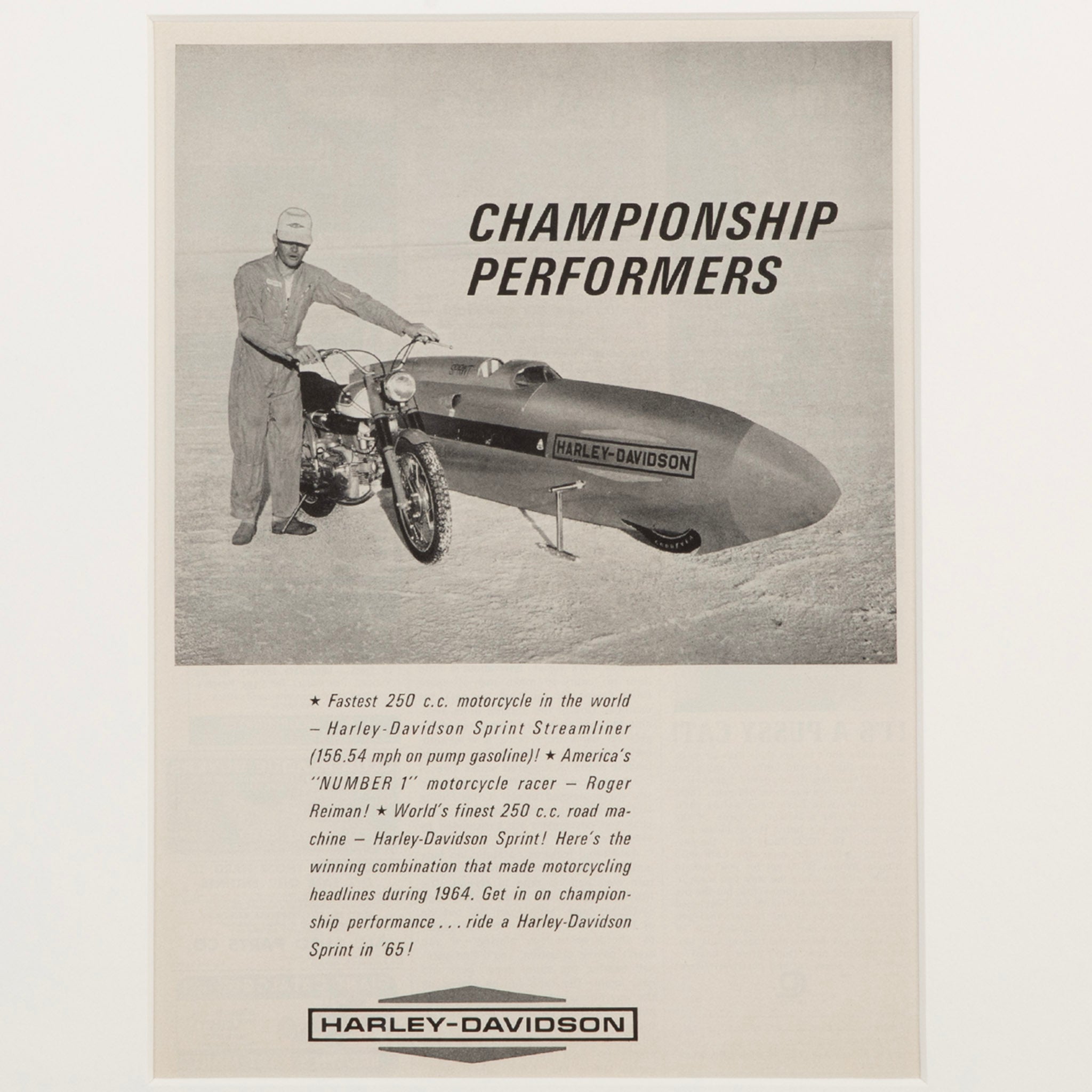 Framed 1965 Harley-Davidson Championship Performers Advertisement