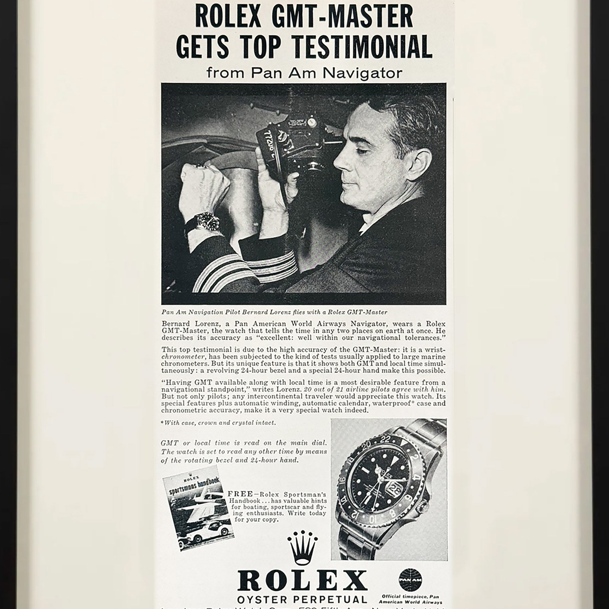 Framed Rolex GMT-Master “Pan Am Navigator” Vintage Advertisement