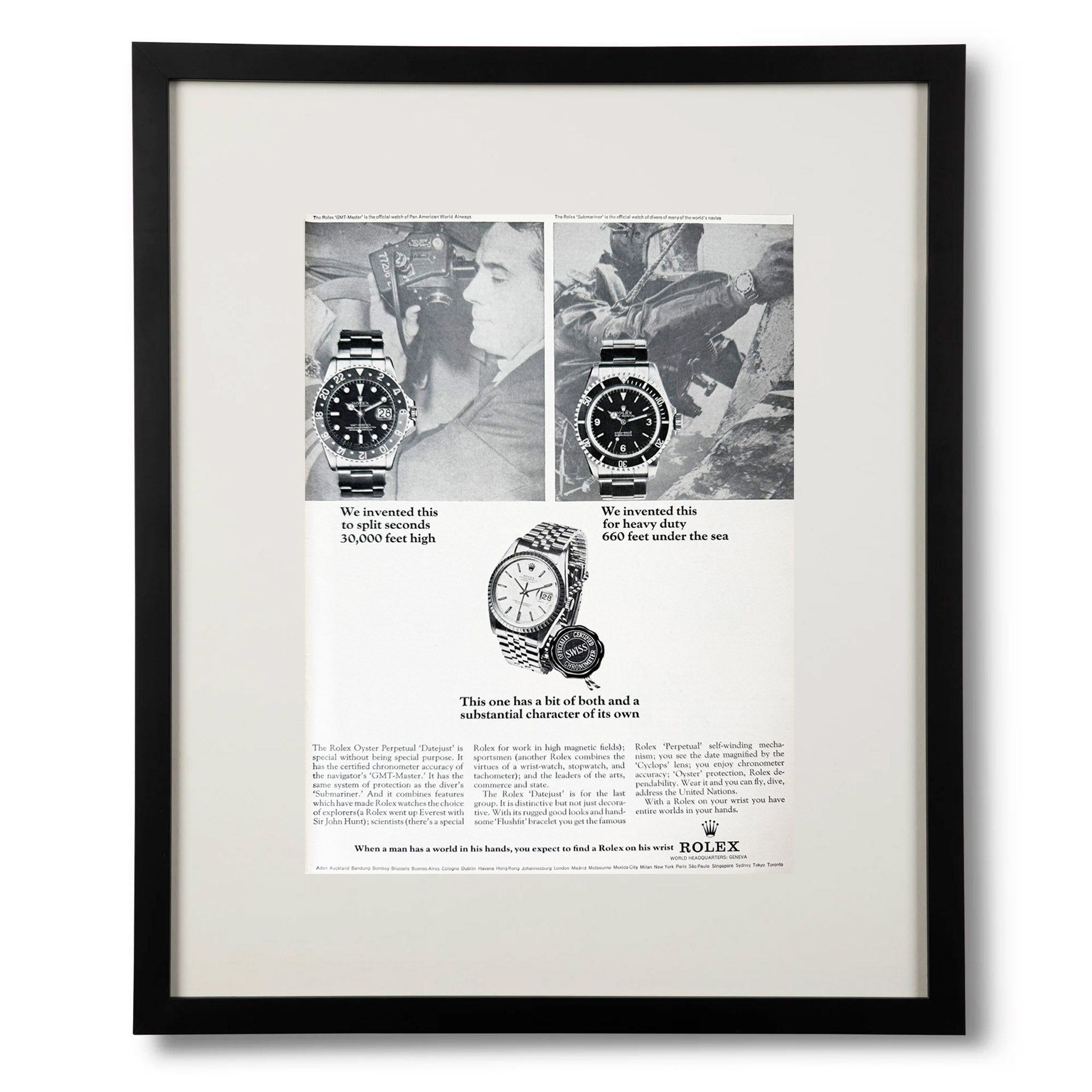 Framed 1966 Rolex Advertisement – GMT-Master, Submariner & Datejust