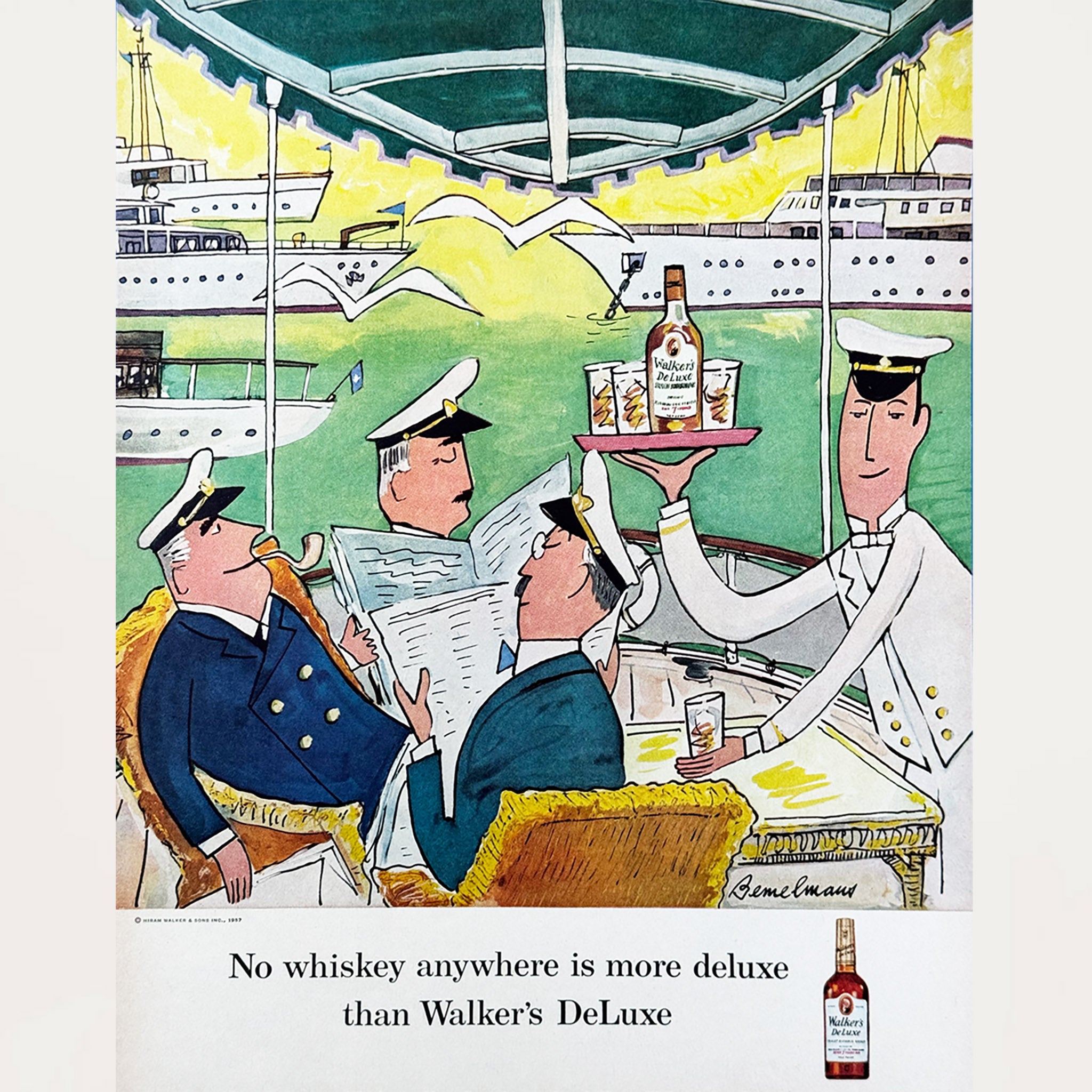 Framed Ludwig Bemelmans Walker's deLuxe Bourbon Yacht Ad