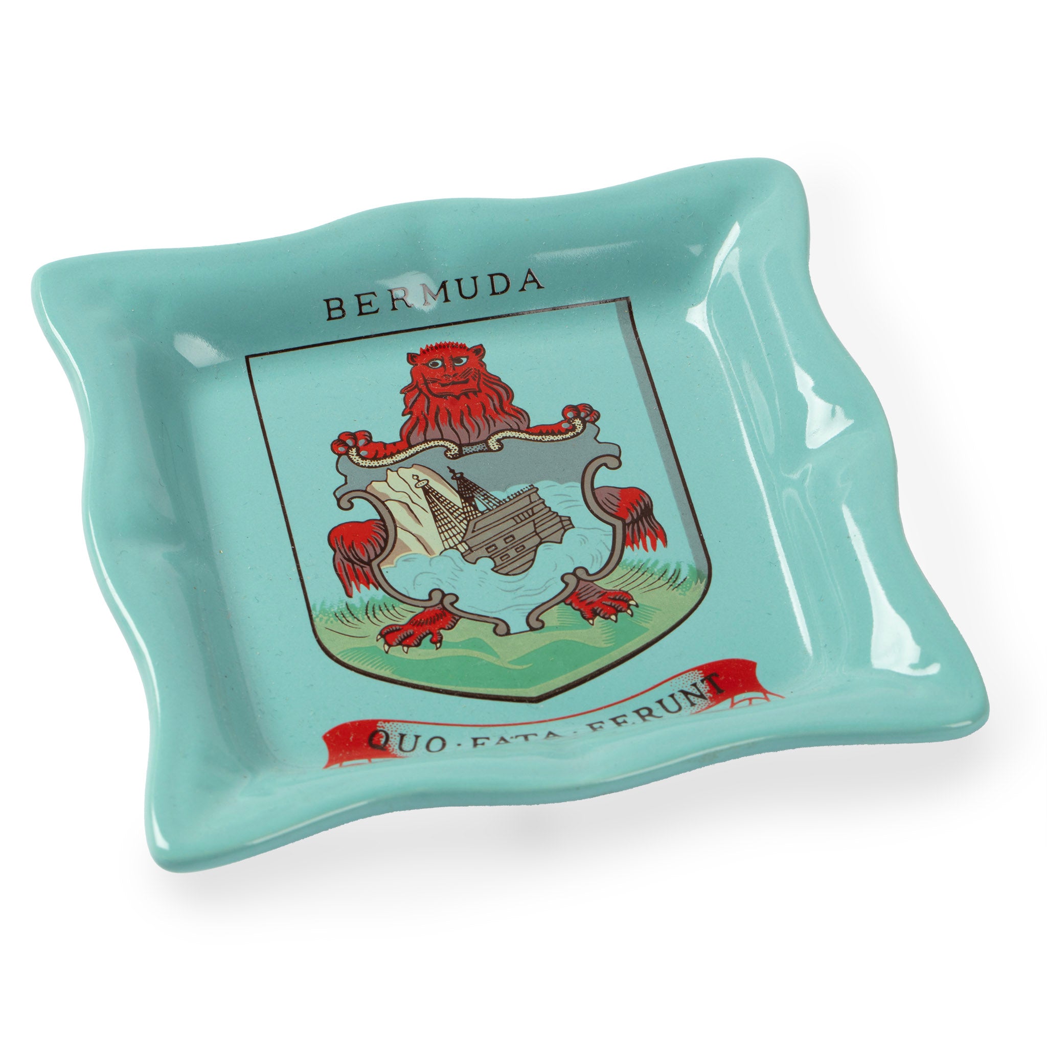 Vintage Bermuda Coat of Arms Ashtray – Teal Glazed Ceramic