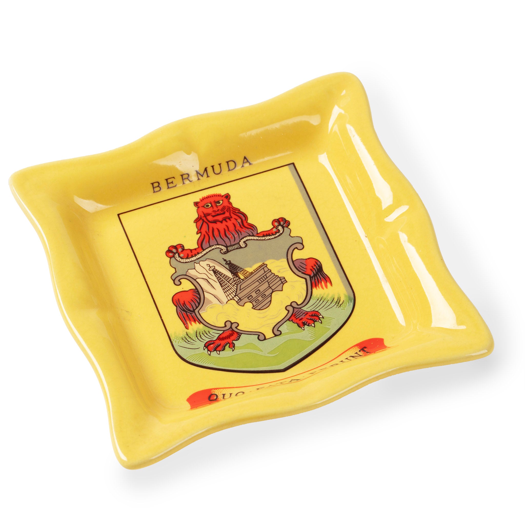 Vintage Bermuda Coat of Arms Ashtray – Yellow Glazed Ceramic