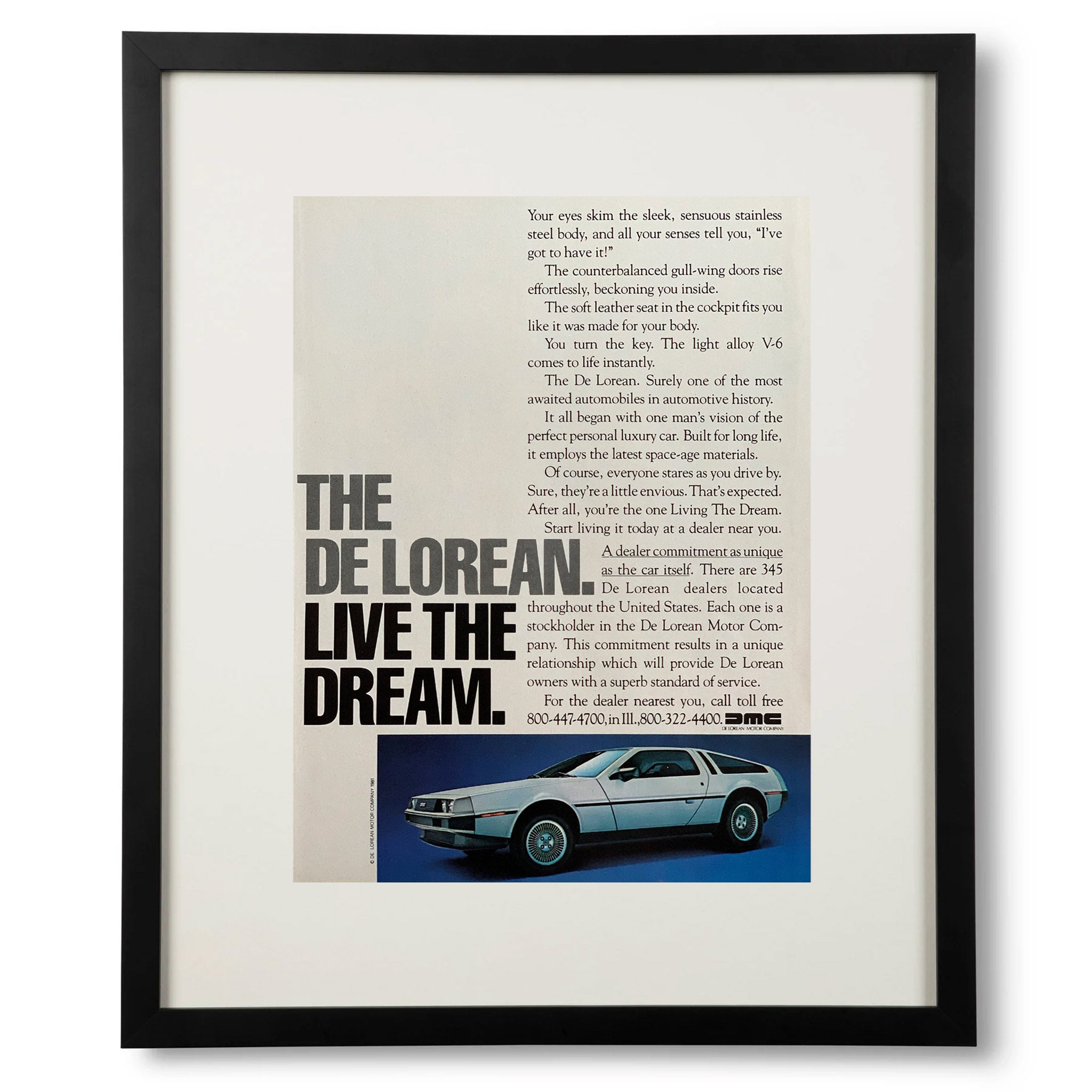 Framed DeLorean Motor Company Live the Dream Ad