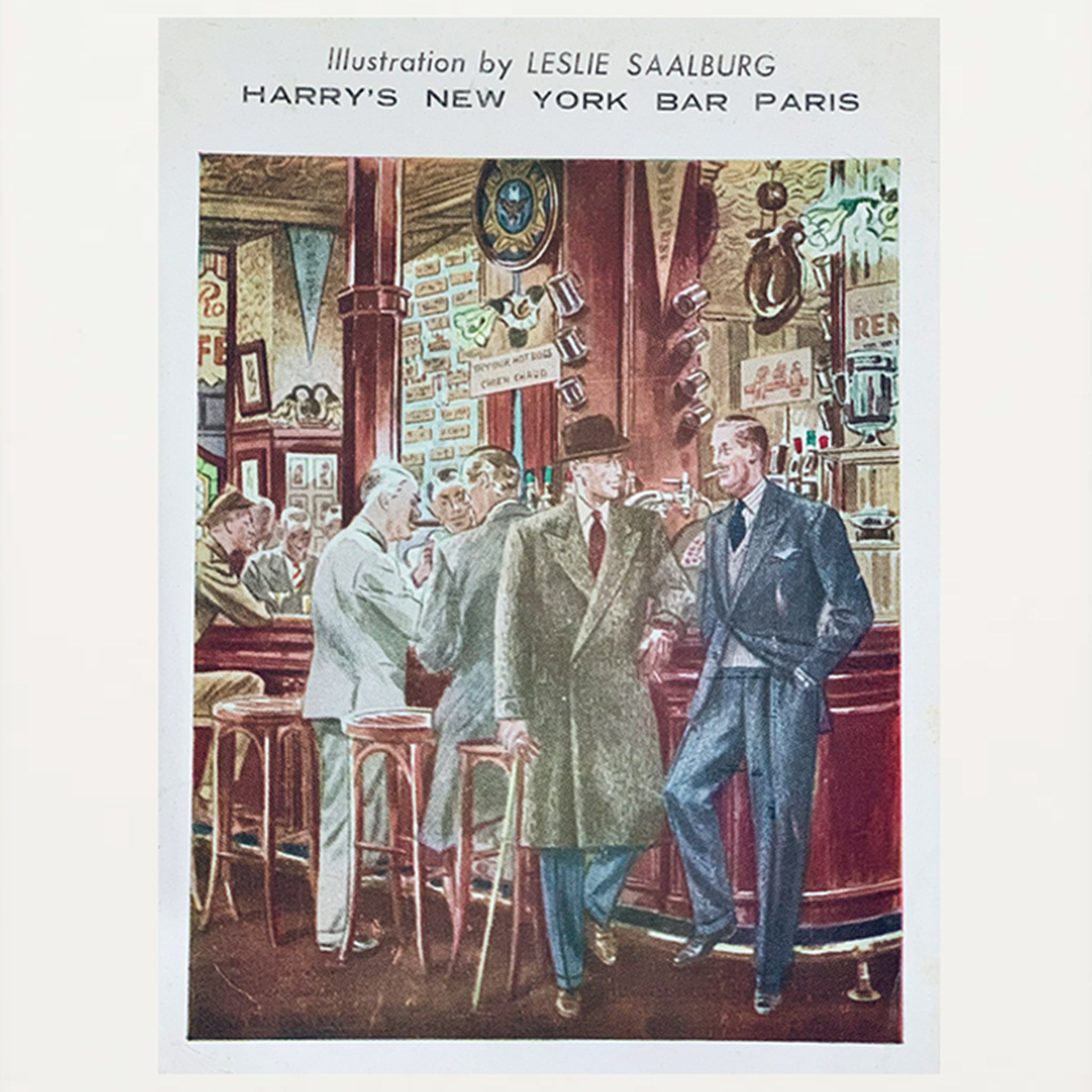 Framed Vintage Postcard – Harry’s New York Bar, Paris, Illustrated by Leslie Saalburg