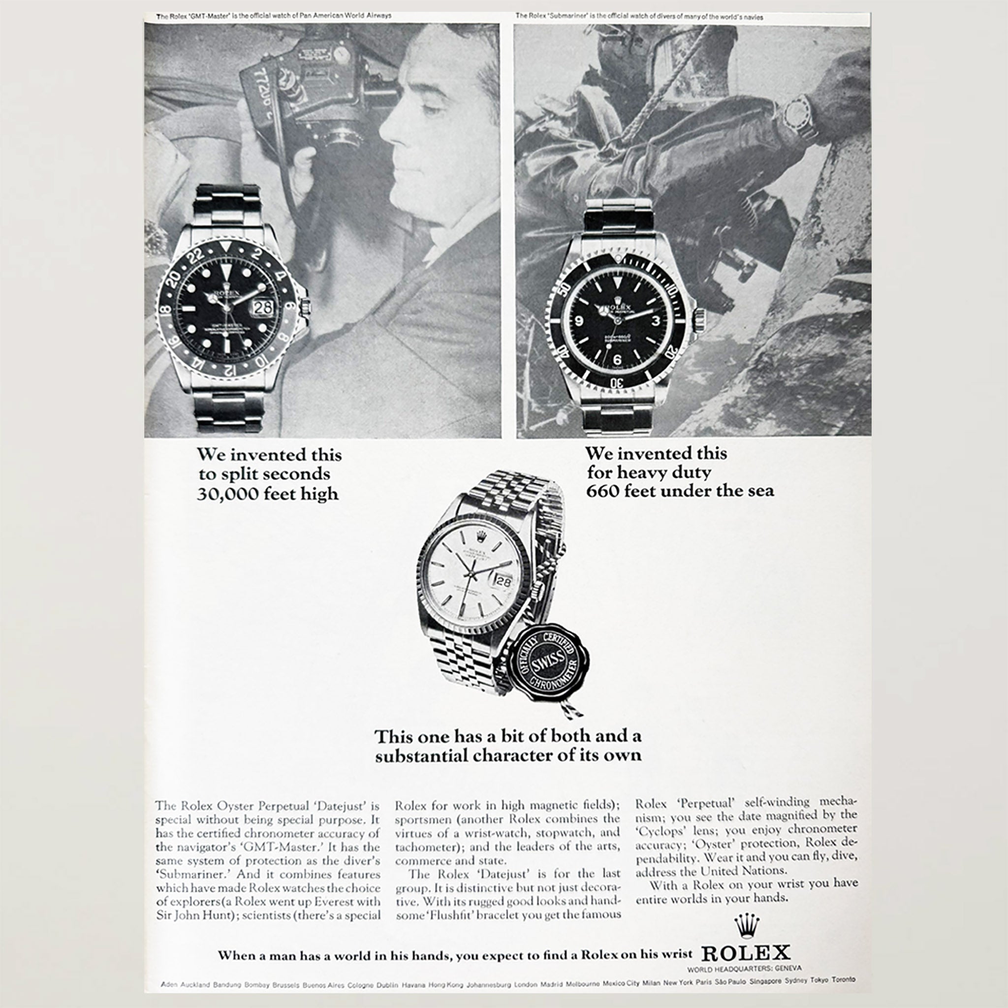 Framed 1966 Rolex Advertisement – GMT-Master, Submariner & Datejust