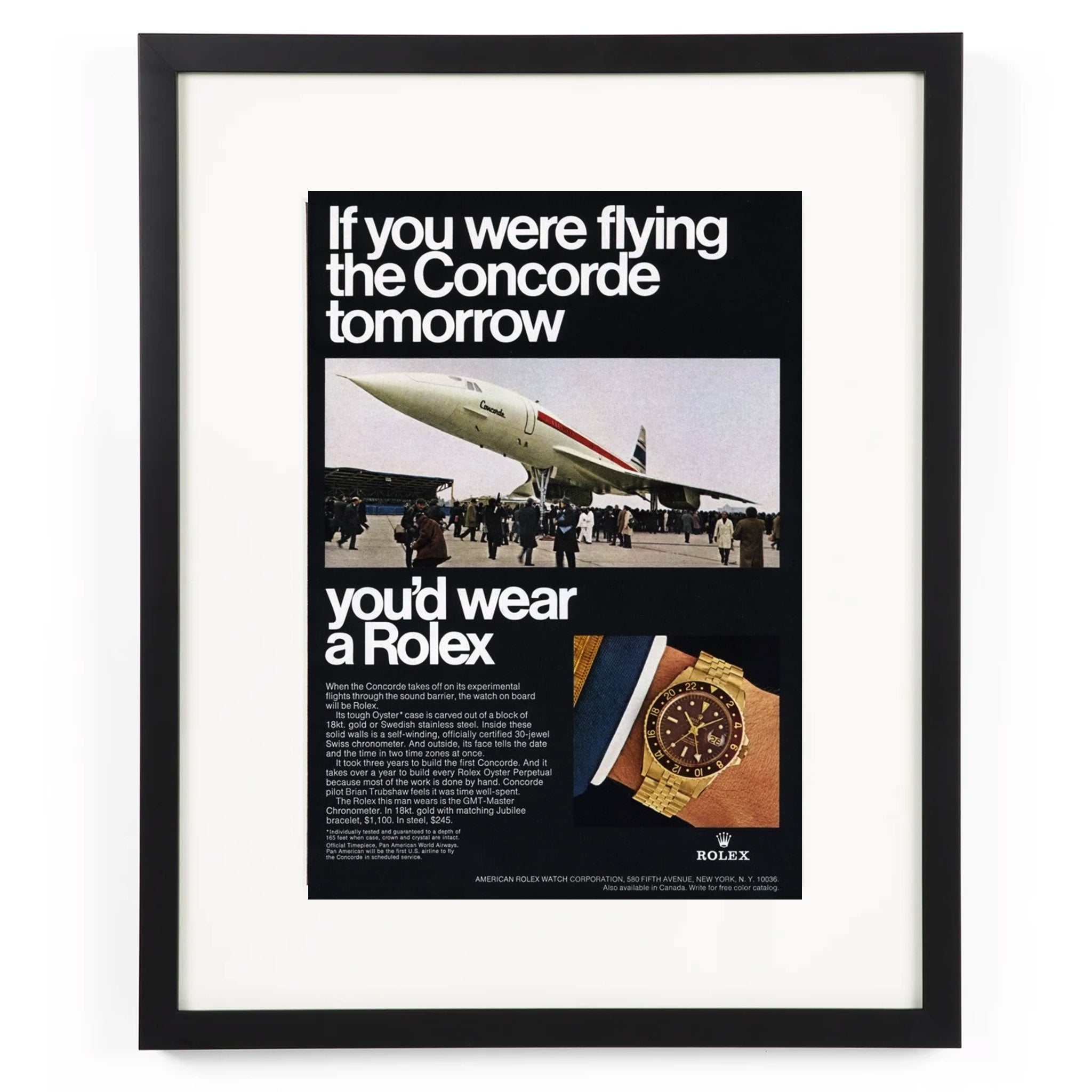 Framed 1960s Rolex GMT-Master Yellow Gold “Concorde” Advertisement