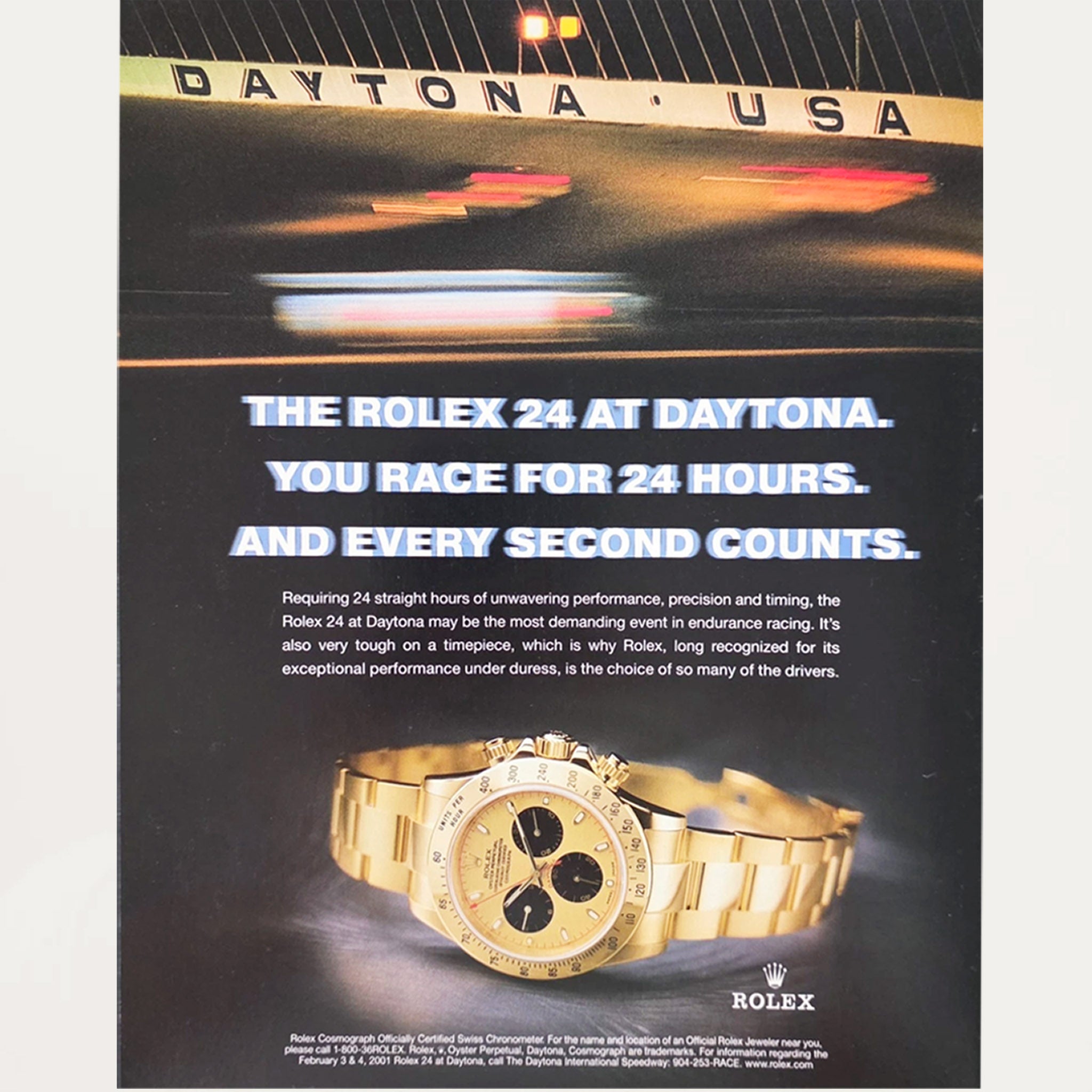Framed Rolex Daytona “Every Second Counts” Vintage Racing Ad