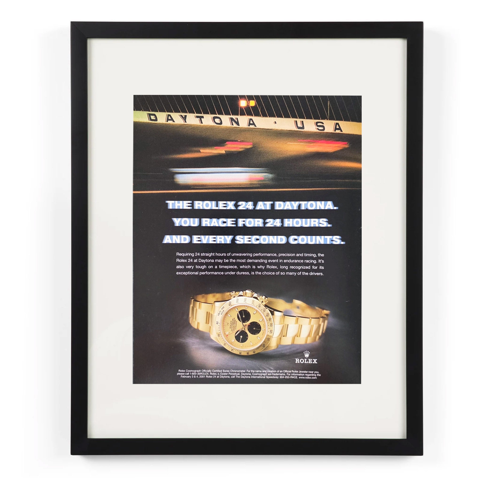 Framed Rolex Daytona “Every Second Counts” Vintage Racing Ad