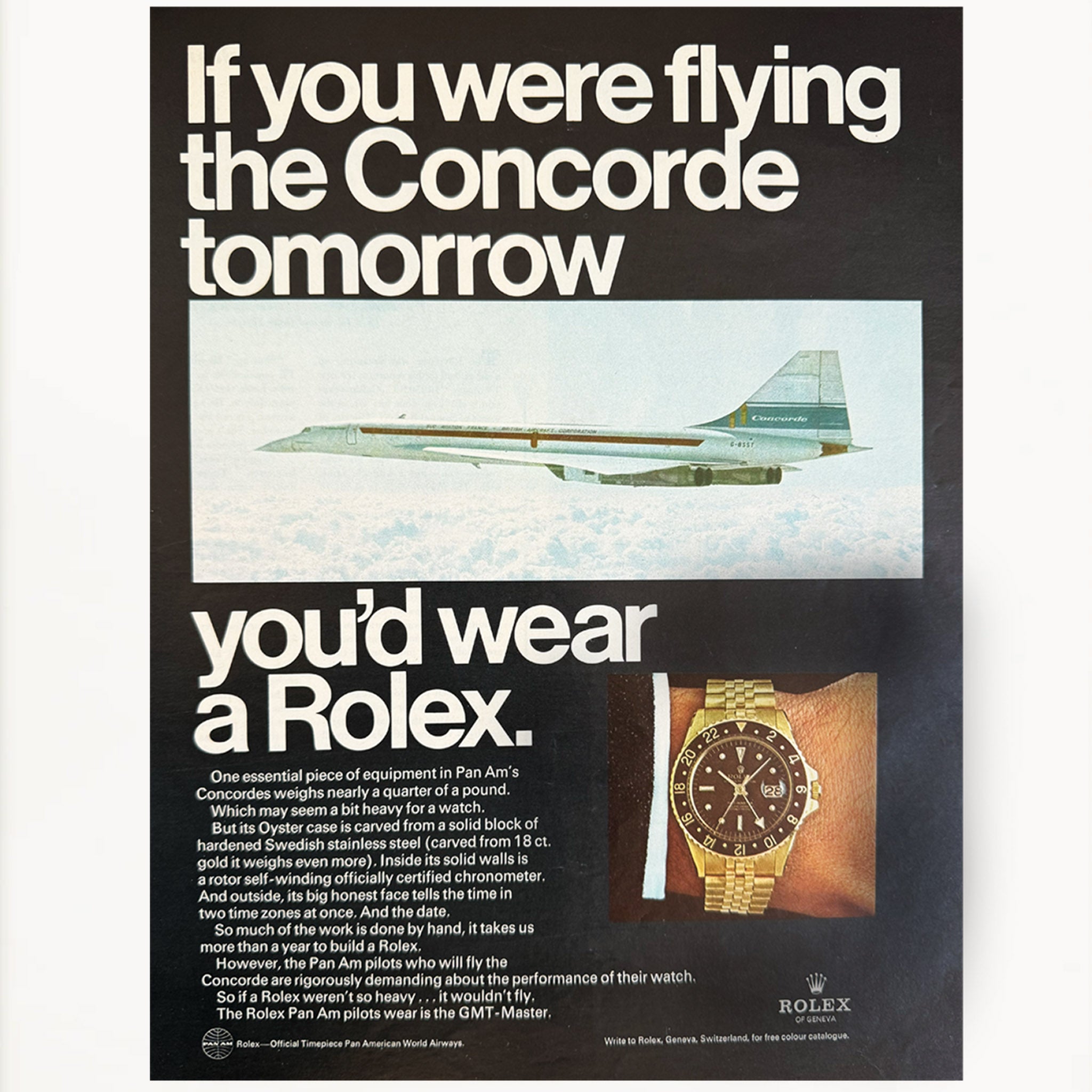Framed Vintage Rolex GMT-Master Gold Concorde Jet Ad