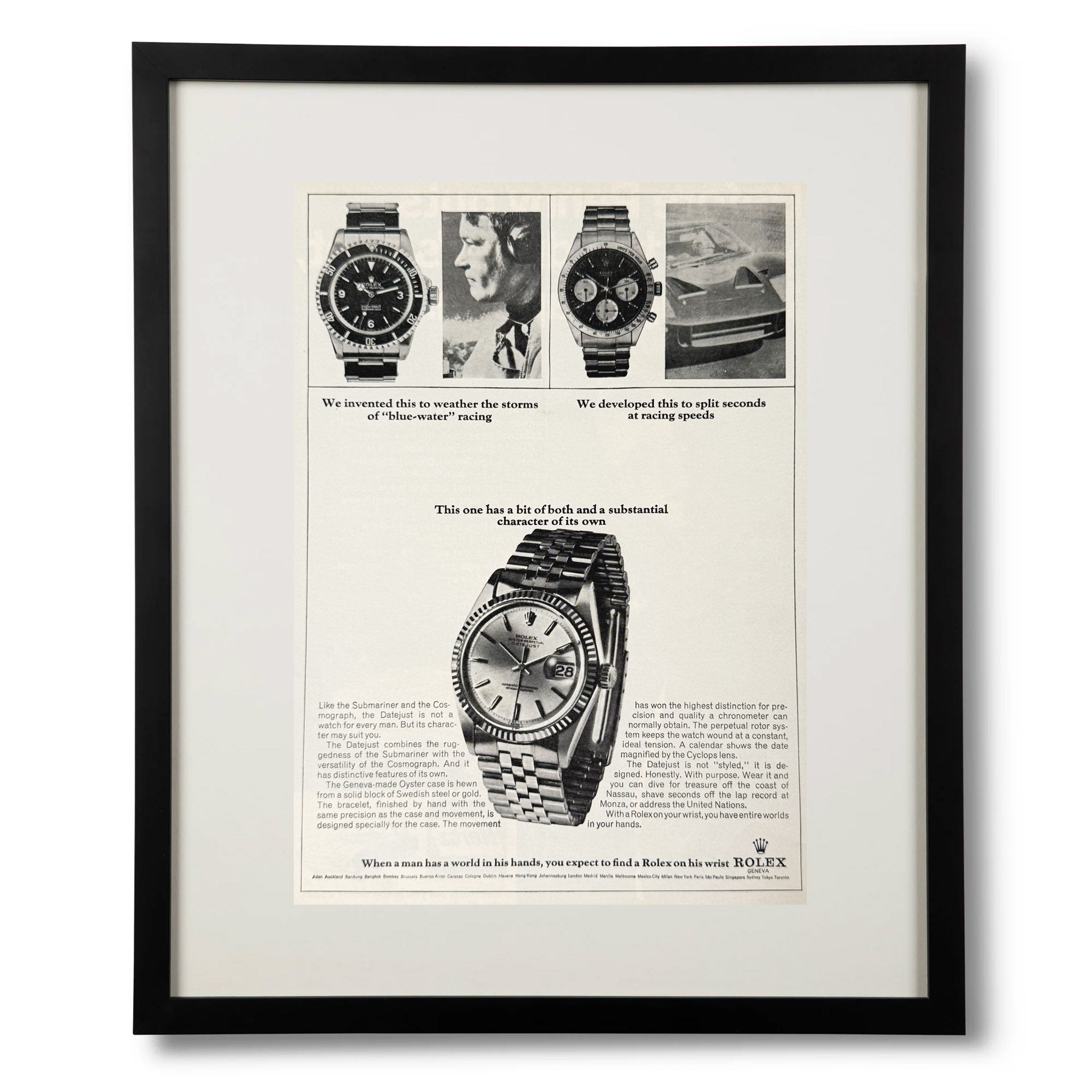 Framed 1960s Rolex Advertisement – Submariner, Daytona & Datejust