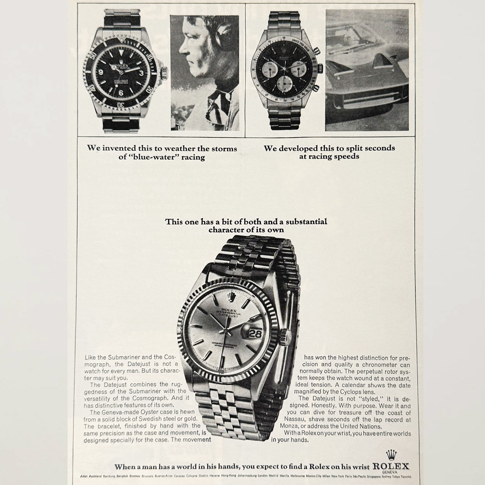 Framed 1960s Rolex Advertisement – Submariner, Daytona & Datejust