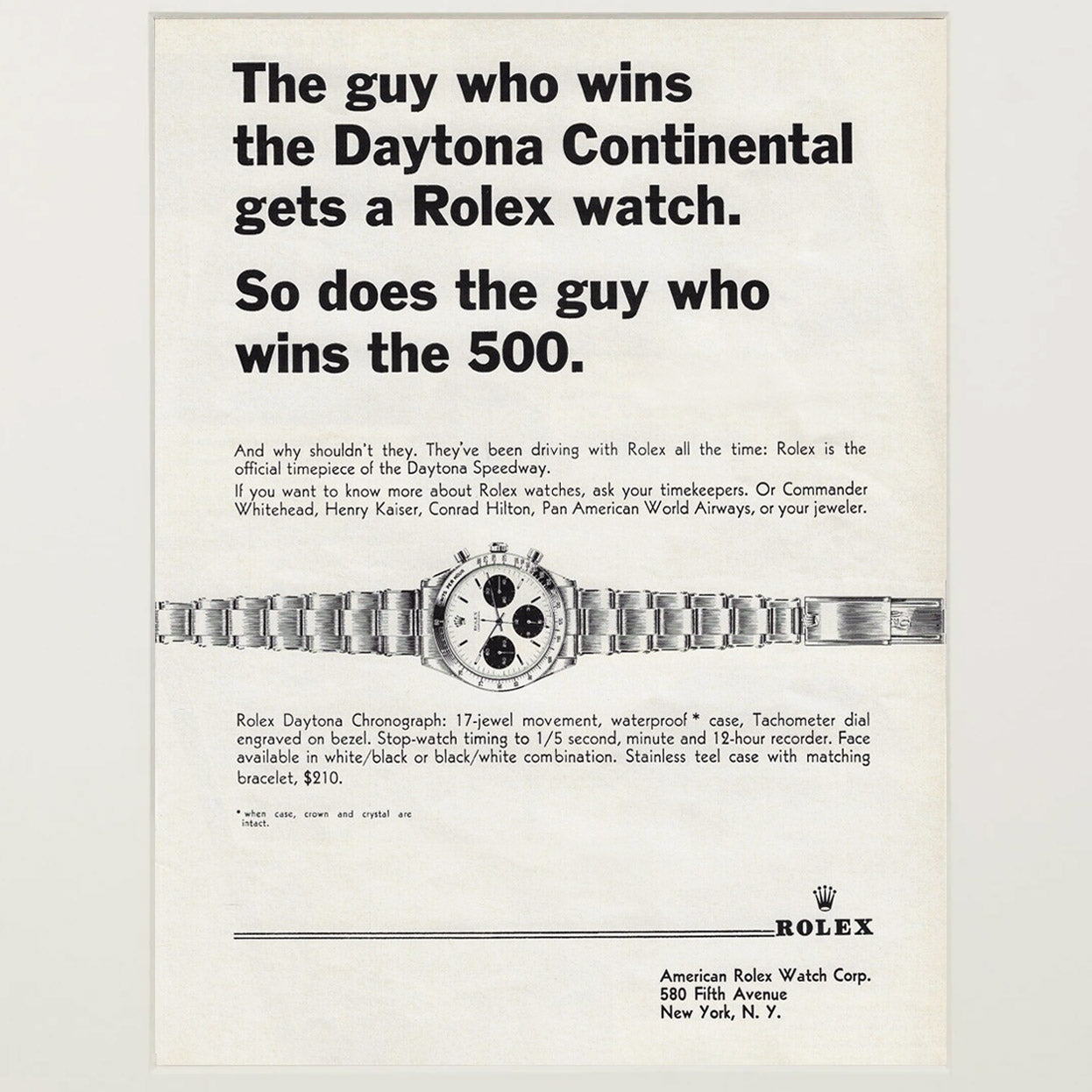 Framed Vintage Rolex Daytona Chronograph Winner Advertisement