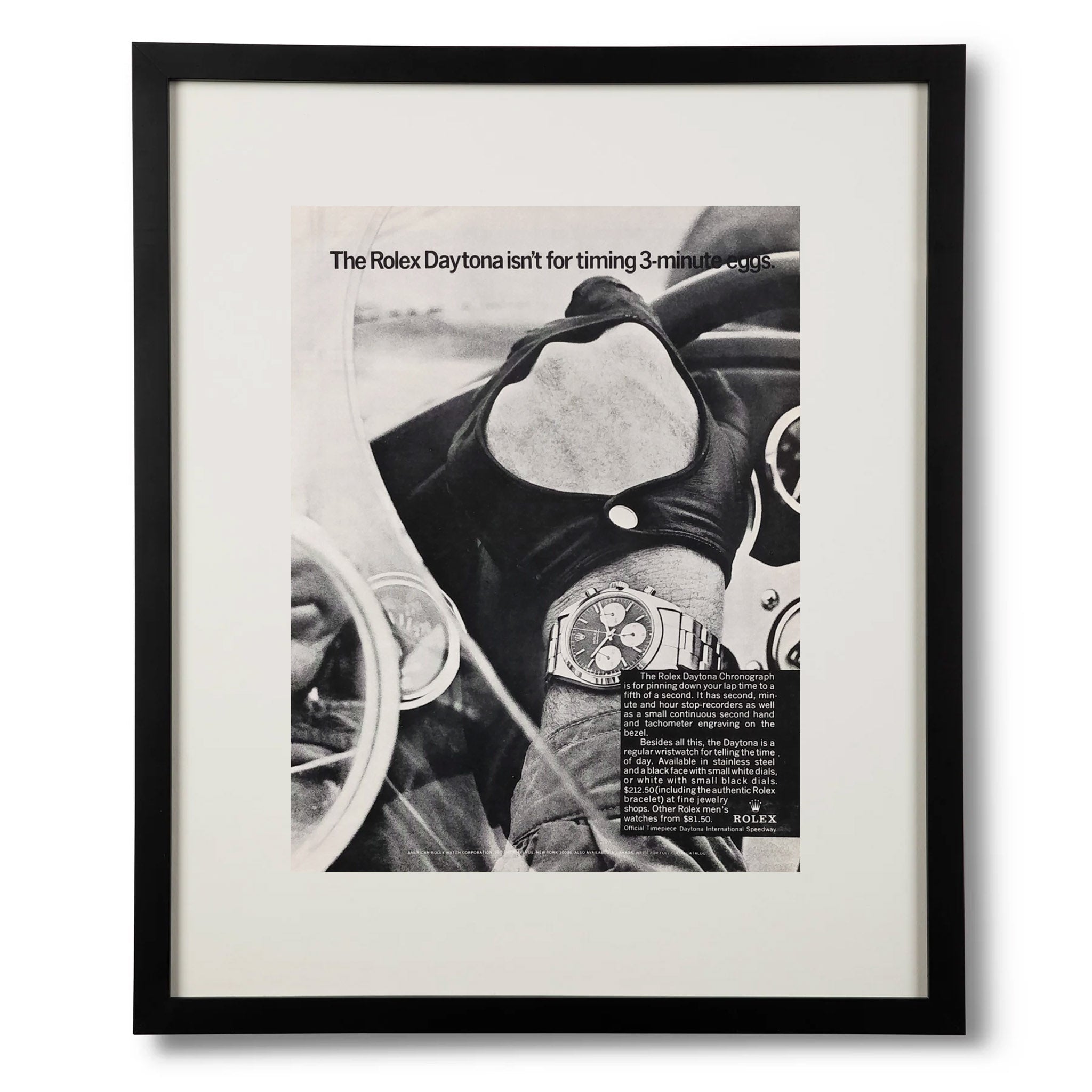 Framed Rolex Daytona “Not for Timing 3-Minute Eggs” Vintage Racing Ad