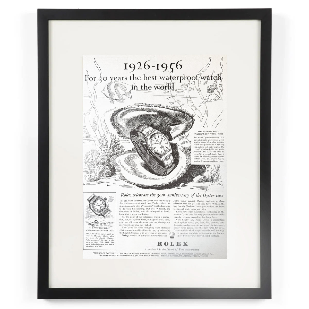 Framed 1956 Rolex Oyster 30th Anniversary Advertisement