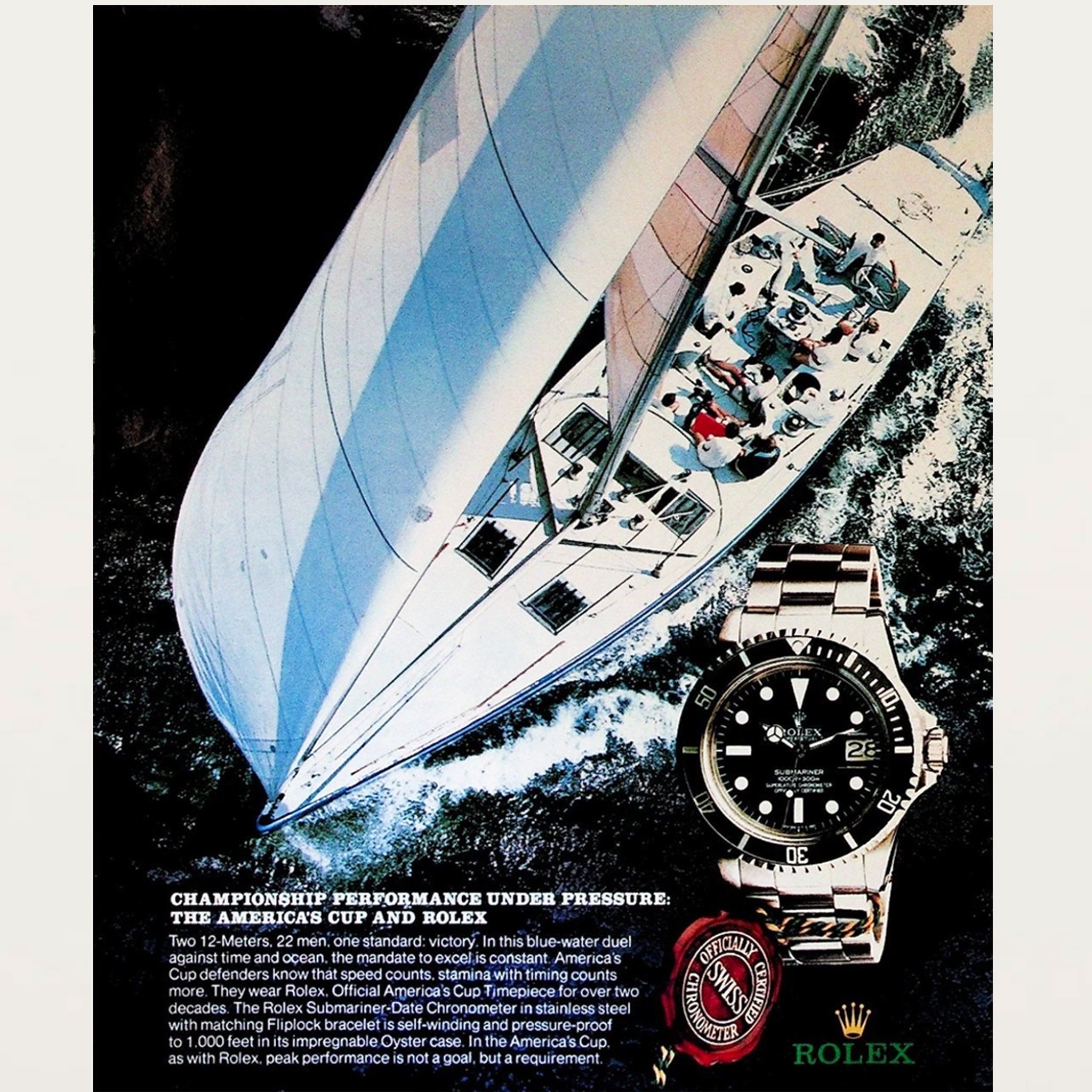 Framed 1984 Rolex Submariner America's Cup Yacht Racing Advertisement