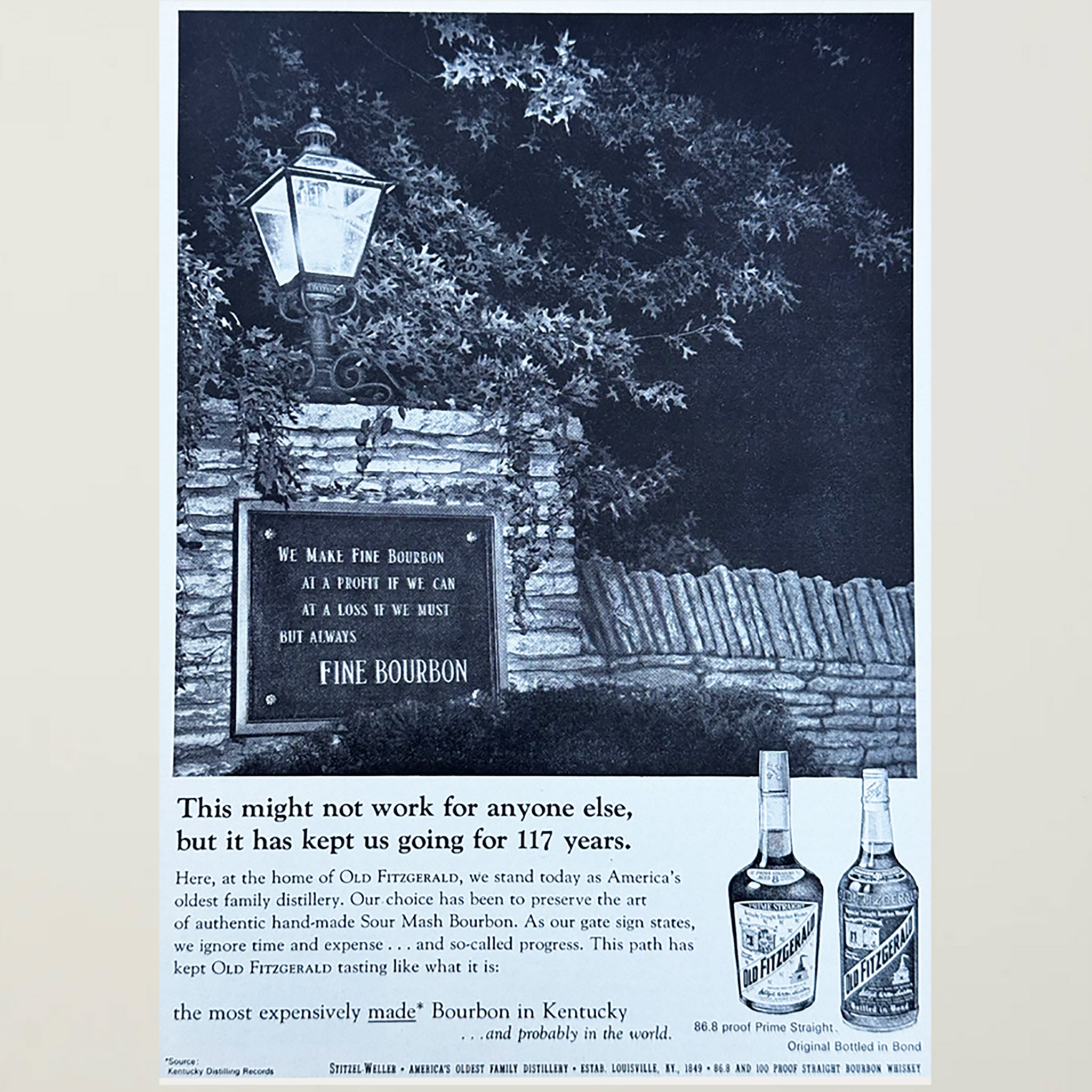 Framed Stitzel Weller Old Fitzgerald Always Fine Bourbon Advertisement
