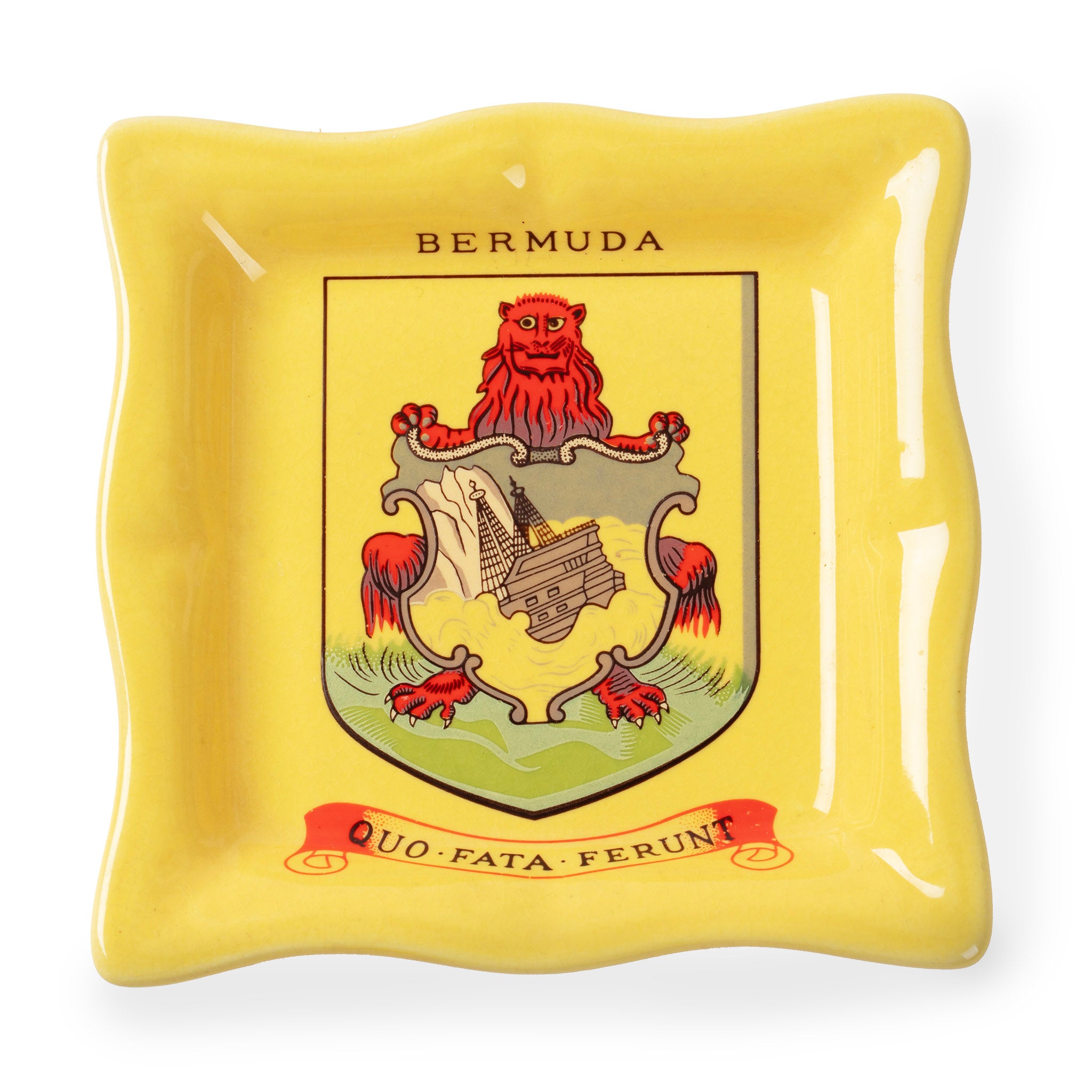 Vintage Bermuda Coat of Arms Ashtray – Yellow Glazed Ceramic