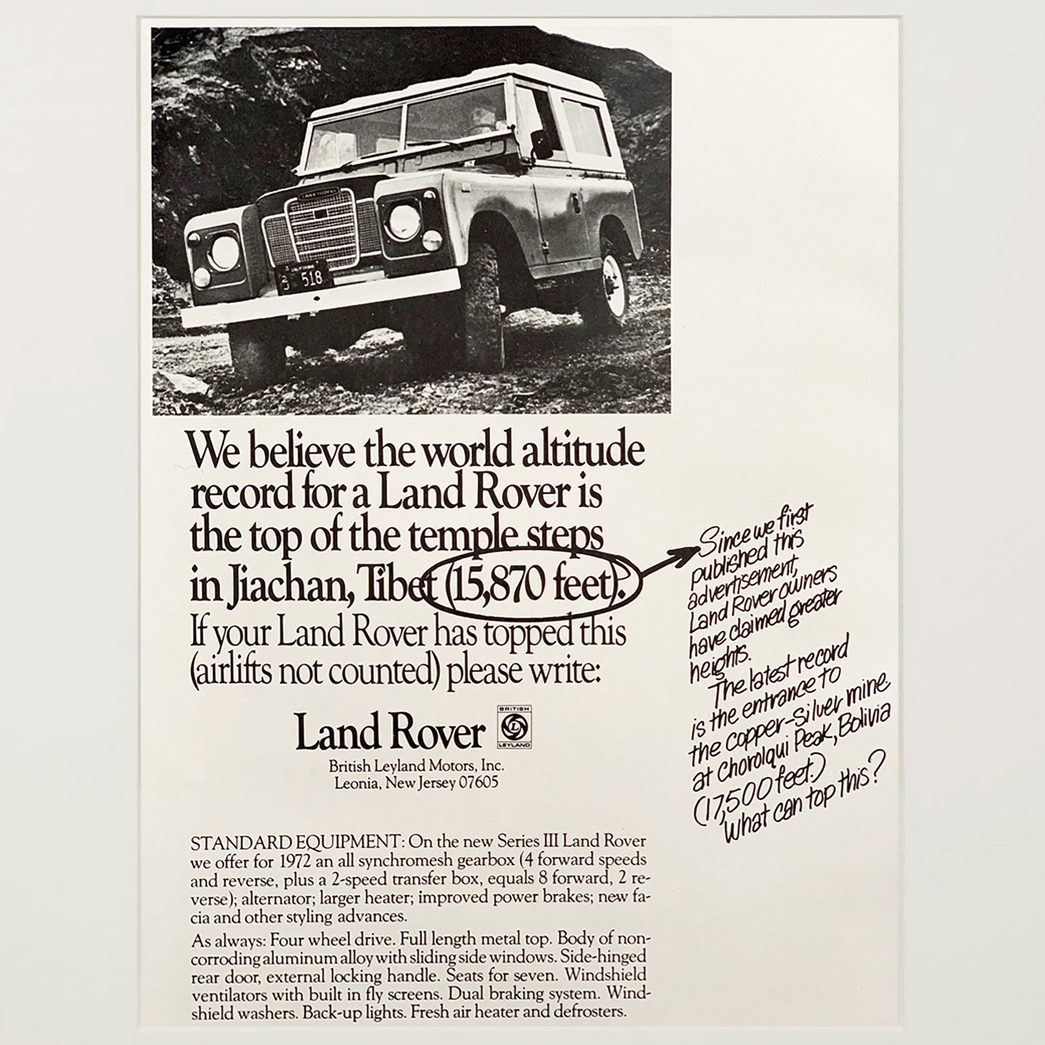 Framed the Land Rover Series III Altitude Record Advertisement