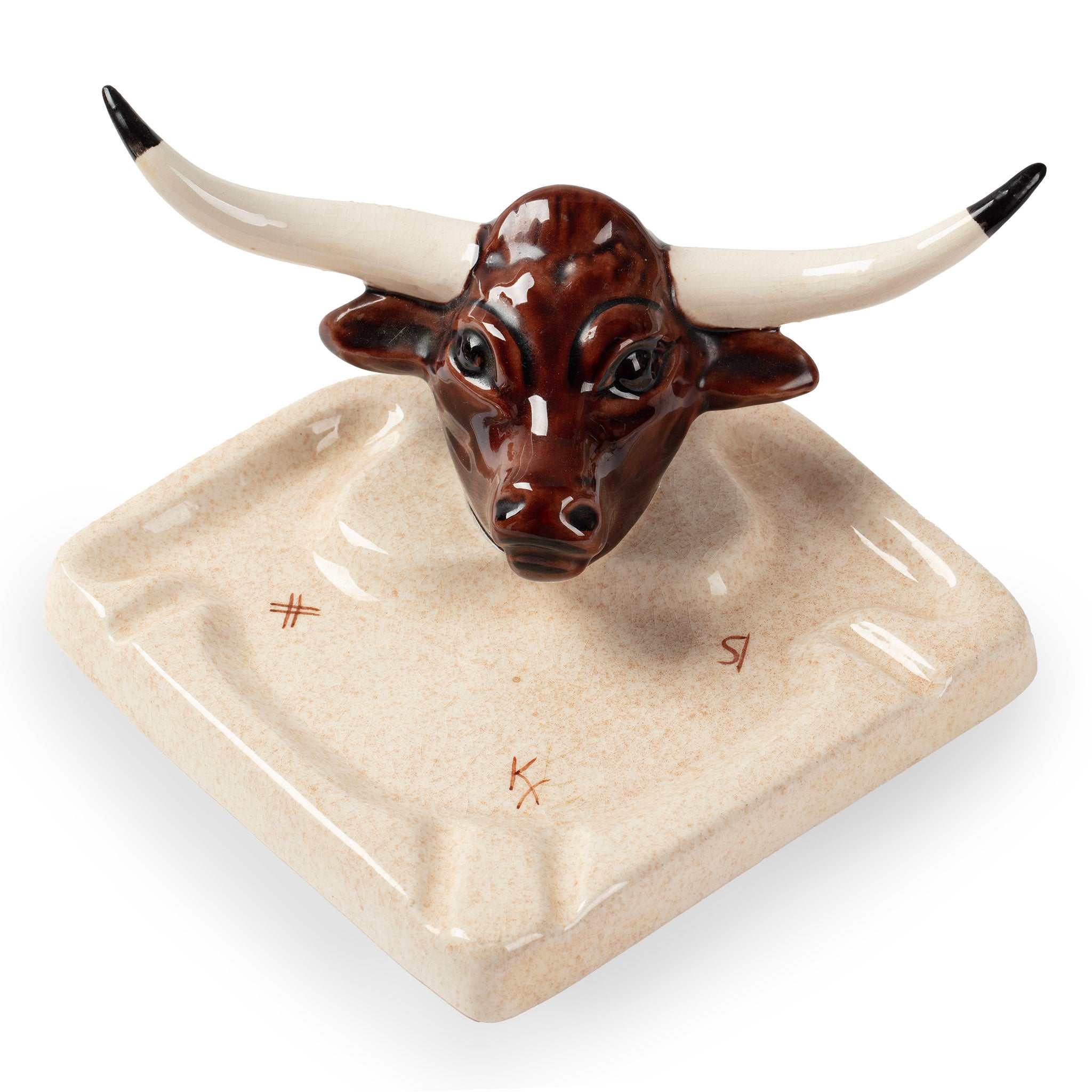 Vintage Glazed Ceramic Texas Longhorn Ashtray
