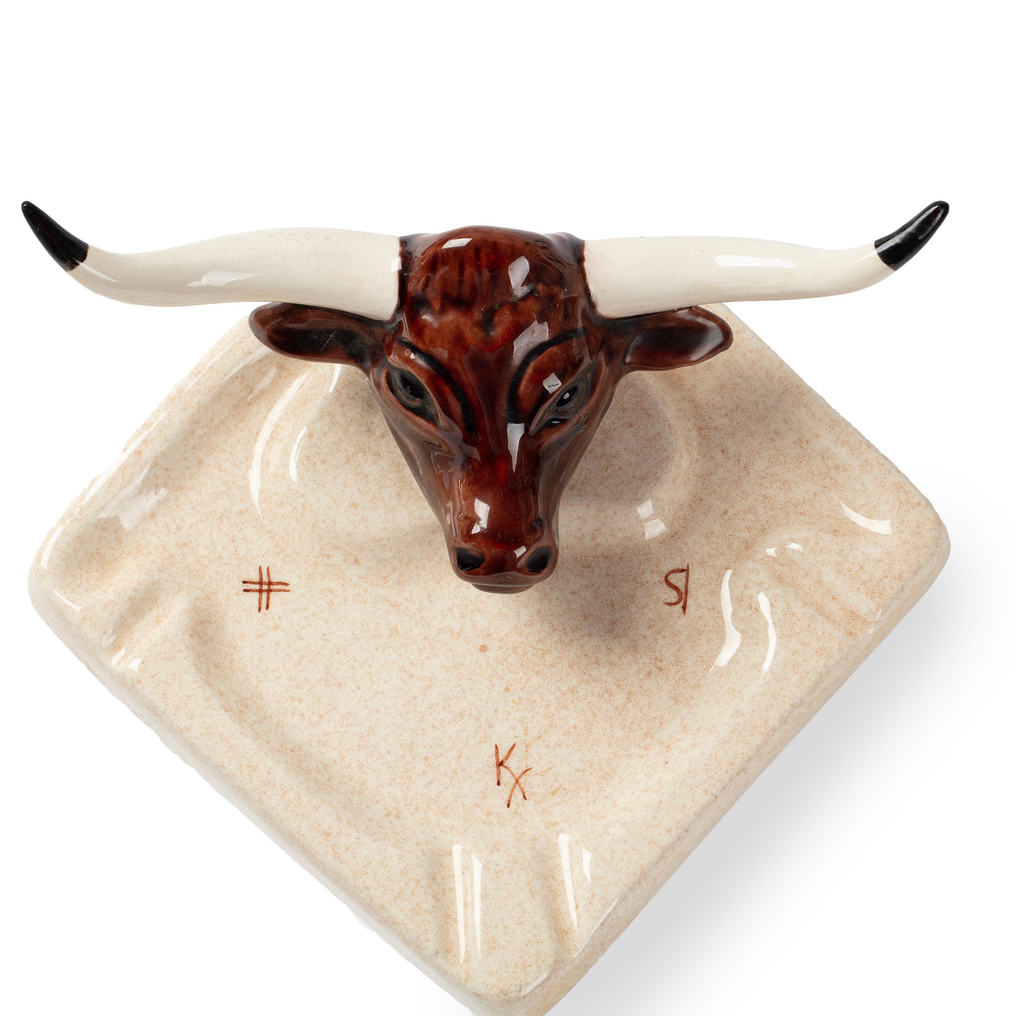 Vintage Glazed Ceramic Texas Longhorn Ashtray