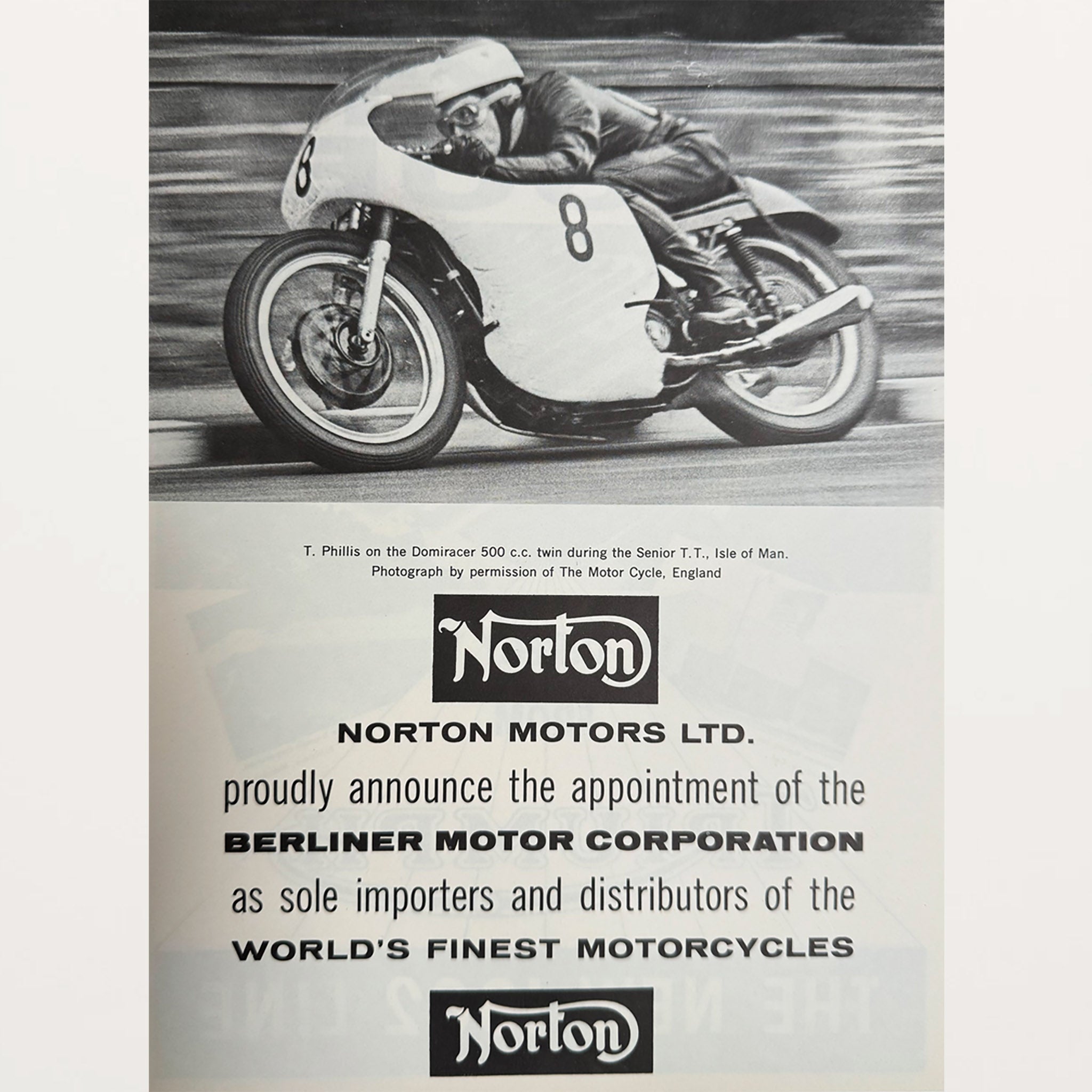 Framed Norton Motorcycle Domiracer Advertisement