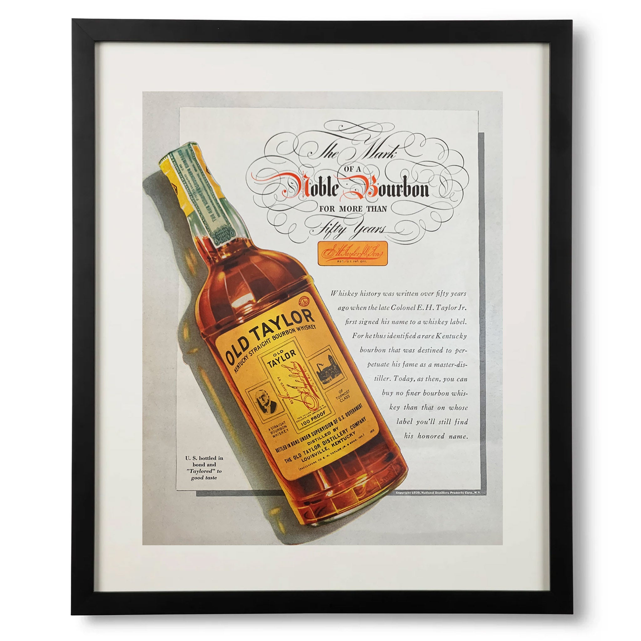 Framed Old Taylor the Mark of Noble Bourbon Advertisement