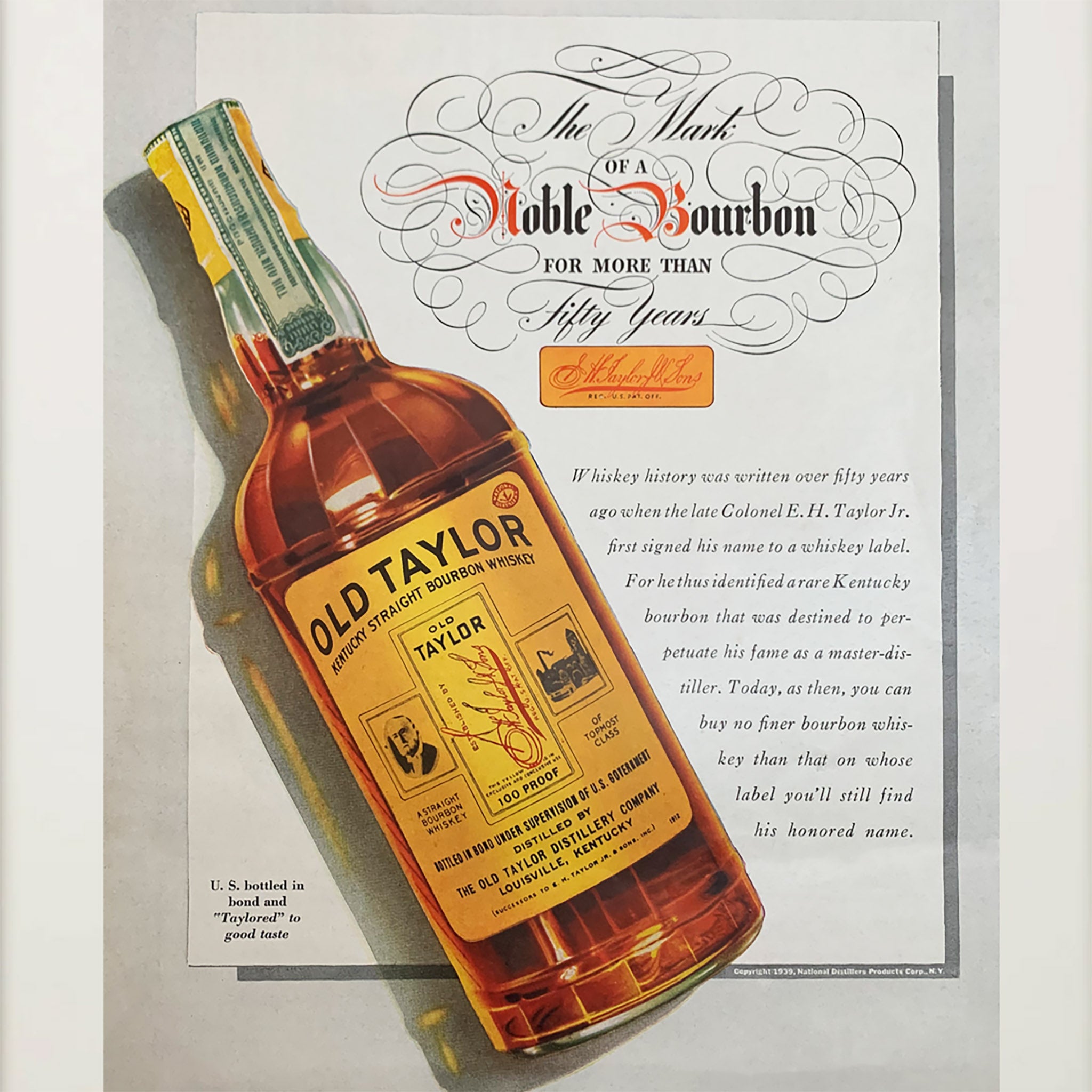 Framed Old Taylor the Mark of Noble Bourbon Advertisement