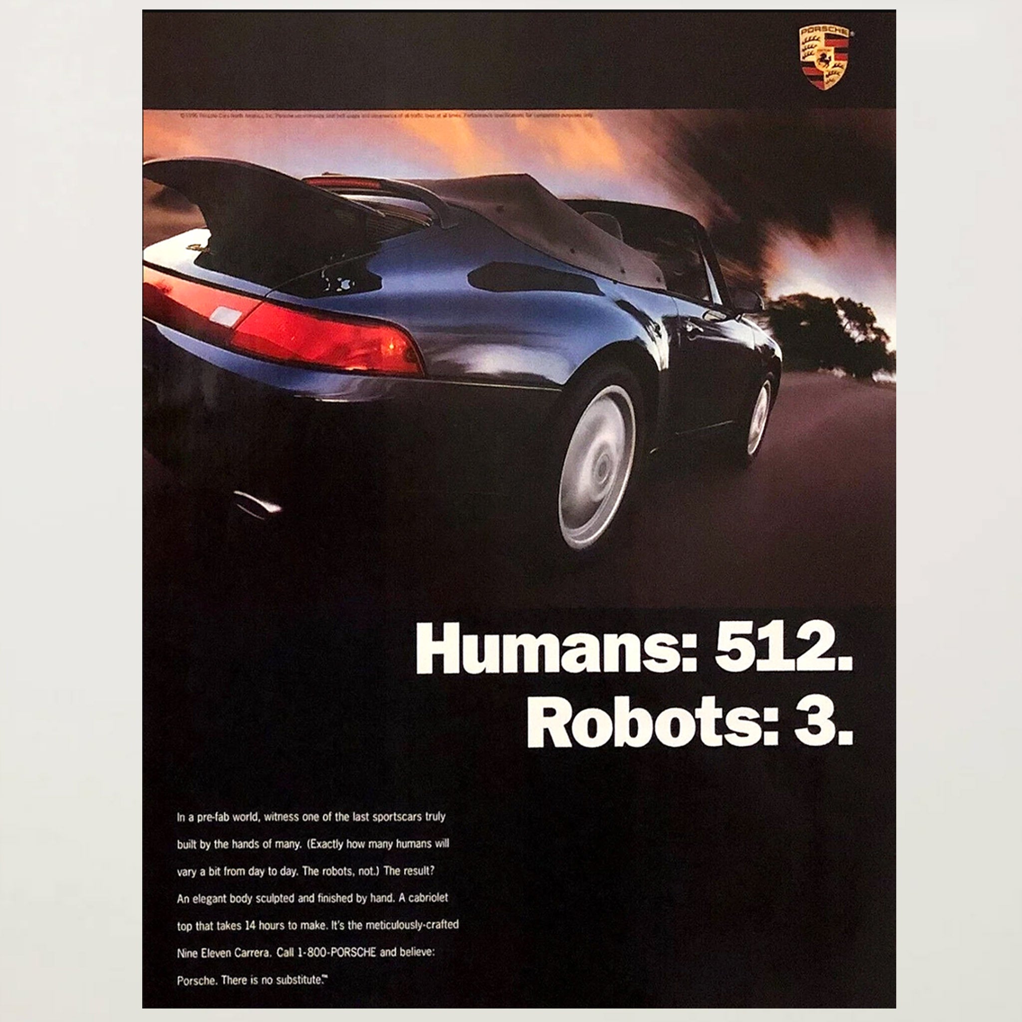 Framed Porsche 911 Cabriolet “Humans: 512. Robots: 3." Advertisement