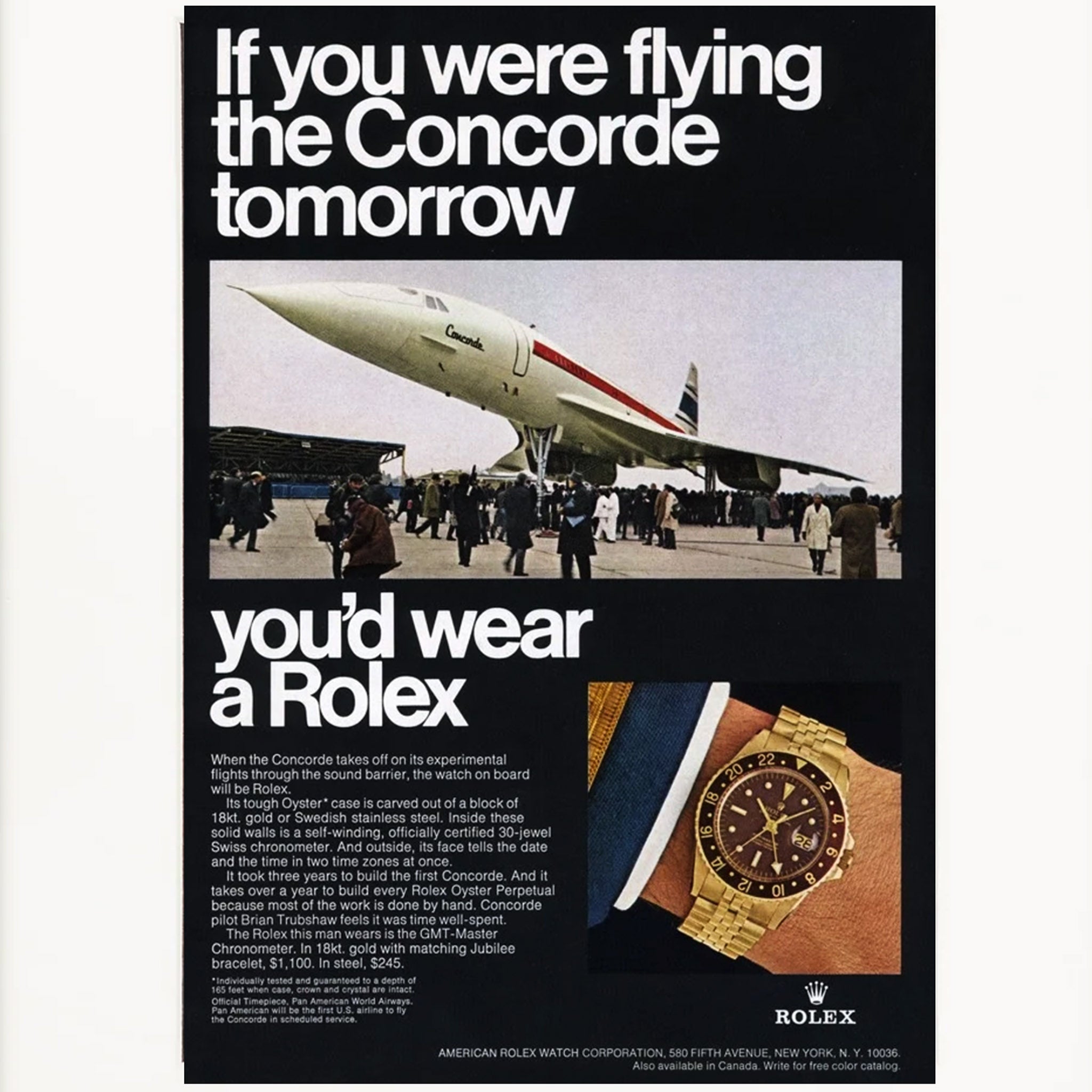 Framed 1960s Rolex GMT-Master Yellow Gold “Concorde” Advertisement
