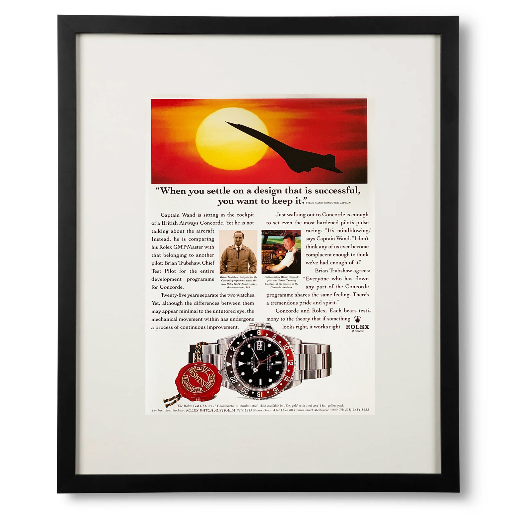 Framed Vintage Rolex GMT-Master II Concorde Jet Ad