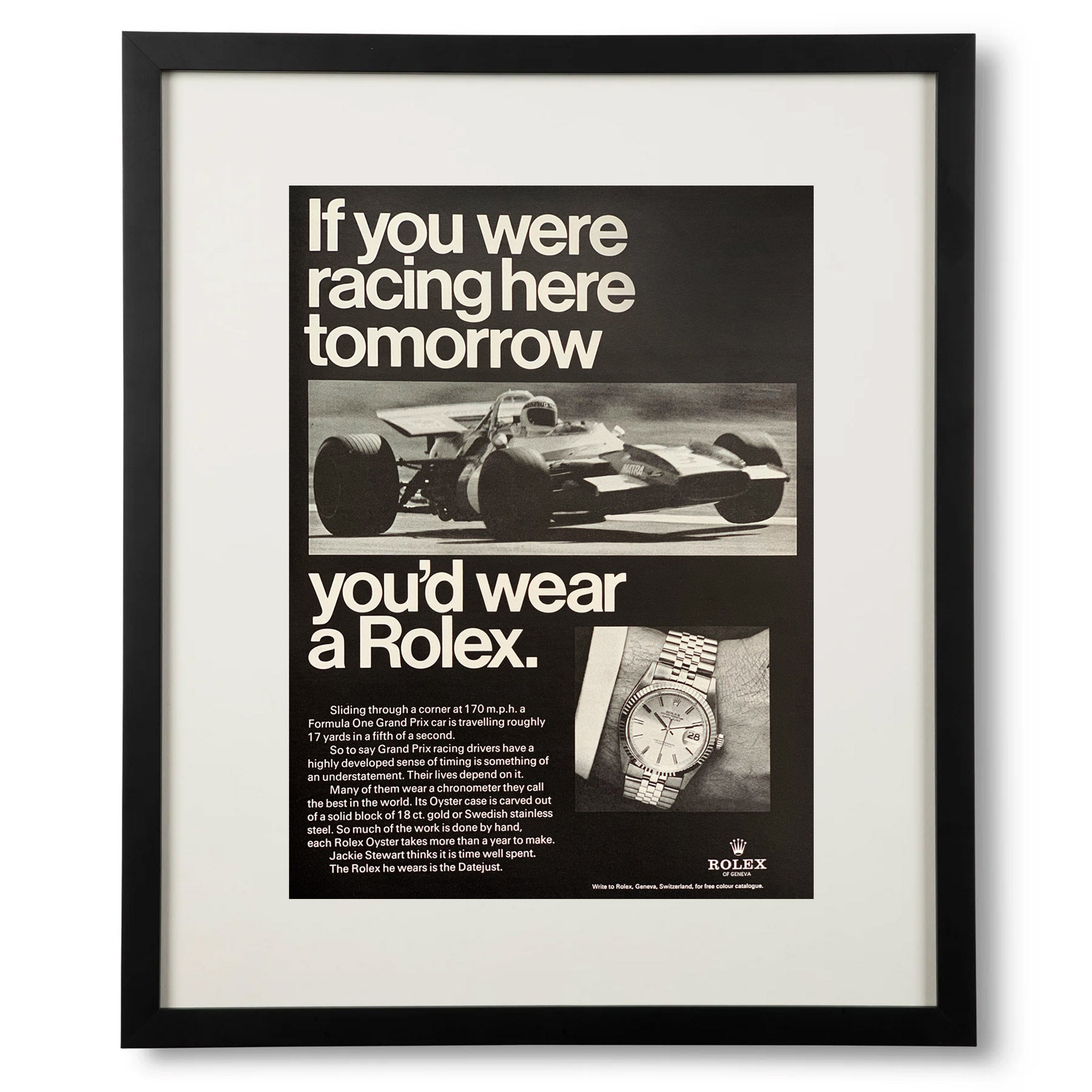 Framed Vintage Rolex Datejust Grand Prix Racing Ad