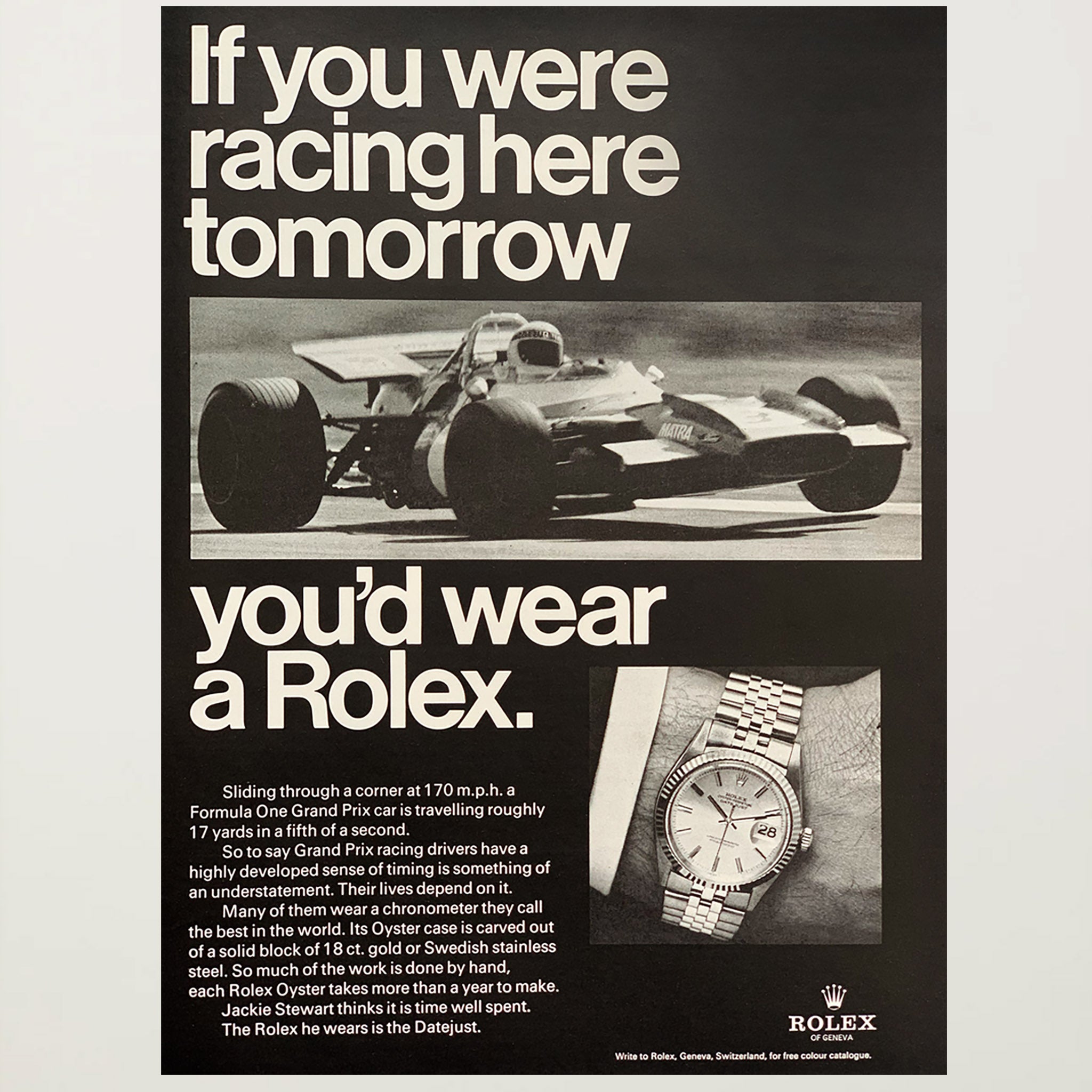 Framed Vintage Rolex Datejust Grand Prix Racing Ad