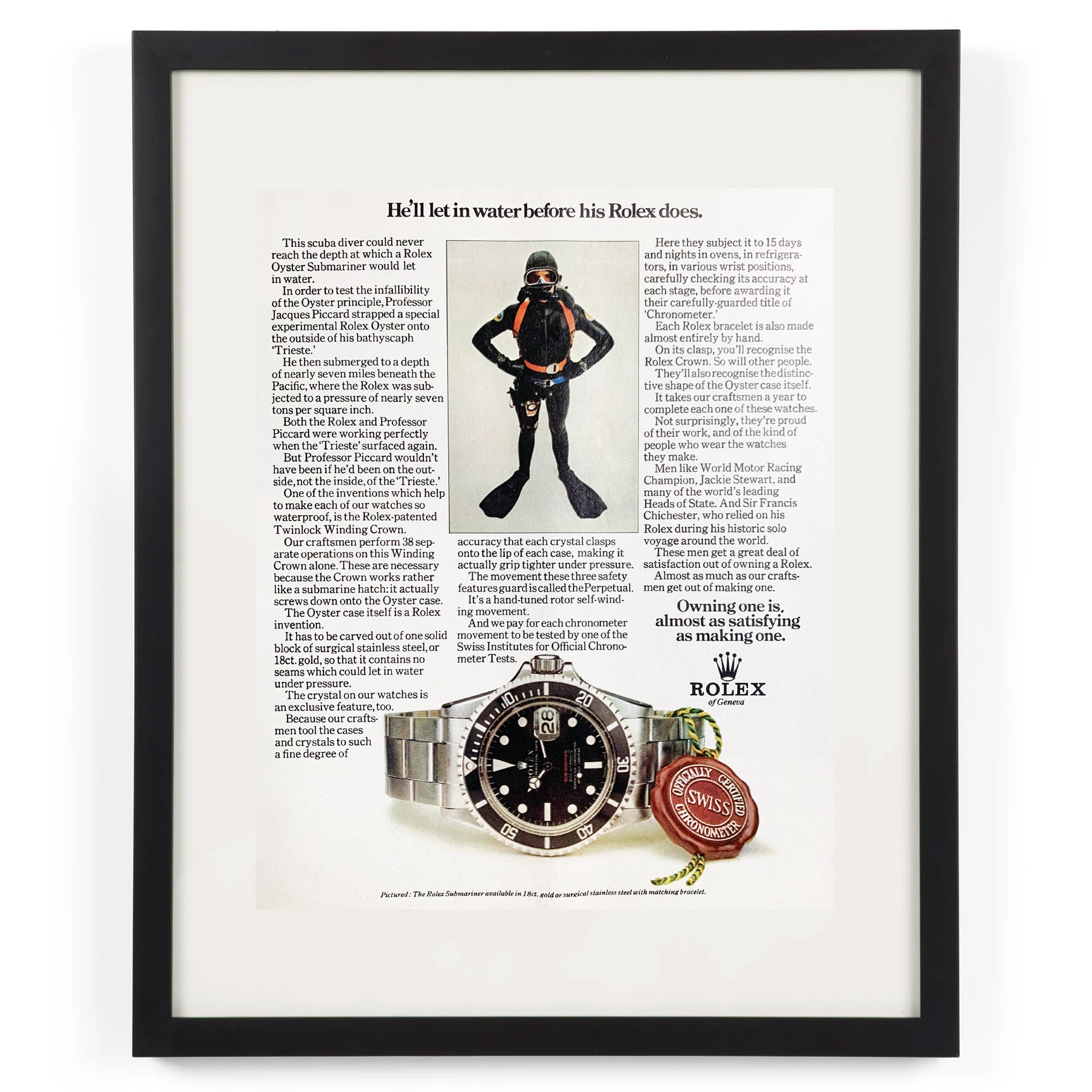 Framed Rolex Submariner Frogman Ad