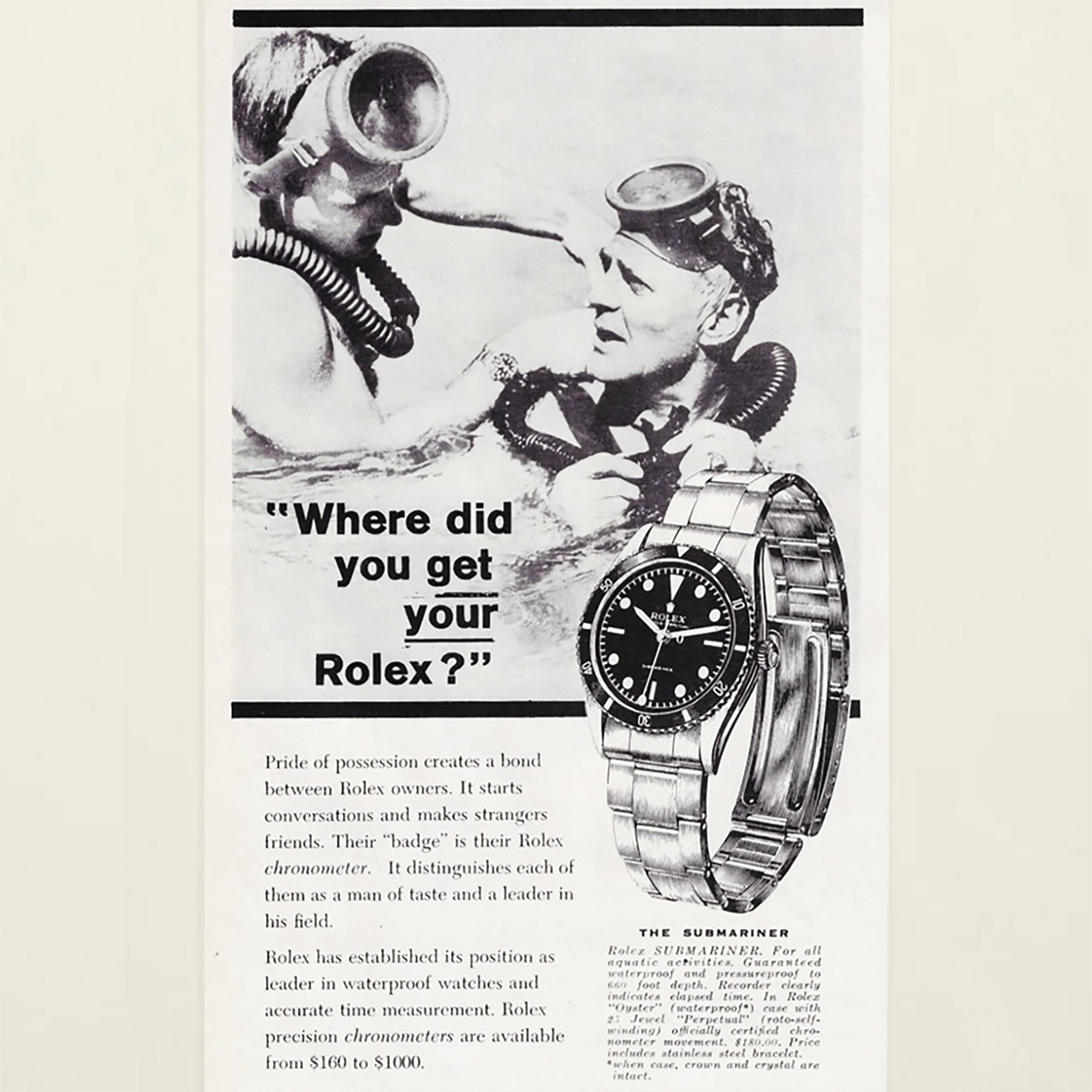 Framed 1960 Rolex Submariner Ad – “Where Did You Get Your Rolex?