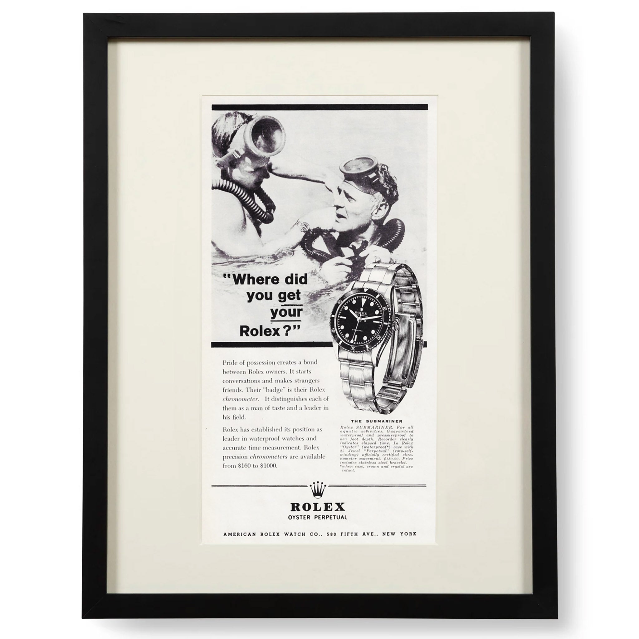 Framed 1960 Rolex Submariner Ad – “Where Did You Get Your Rolex?