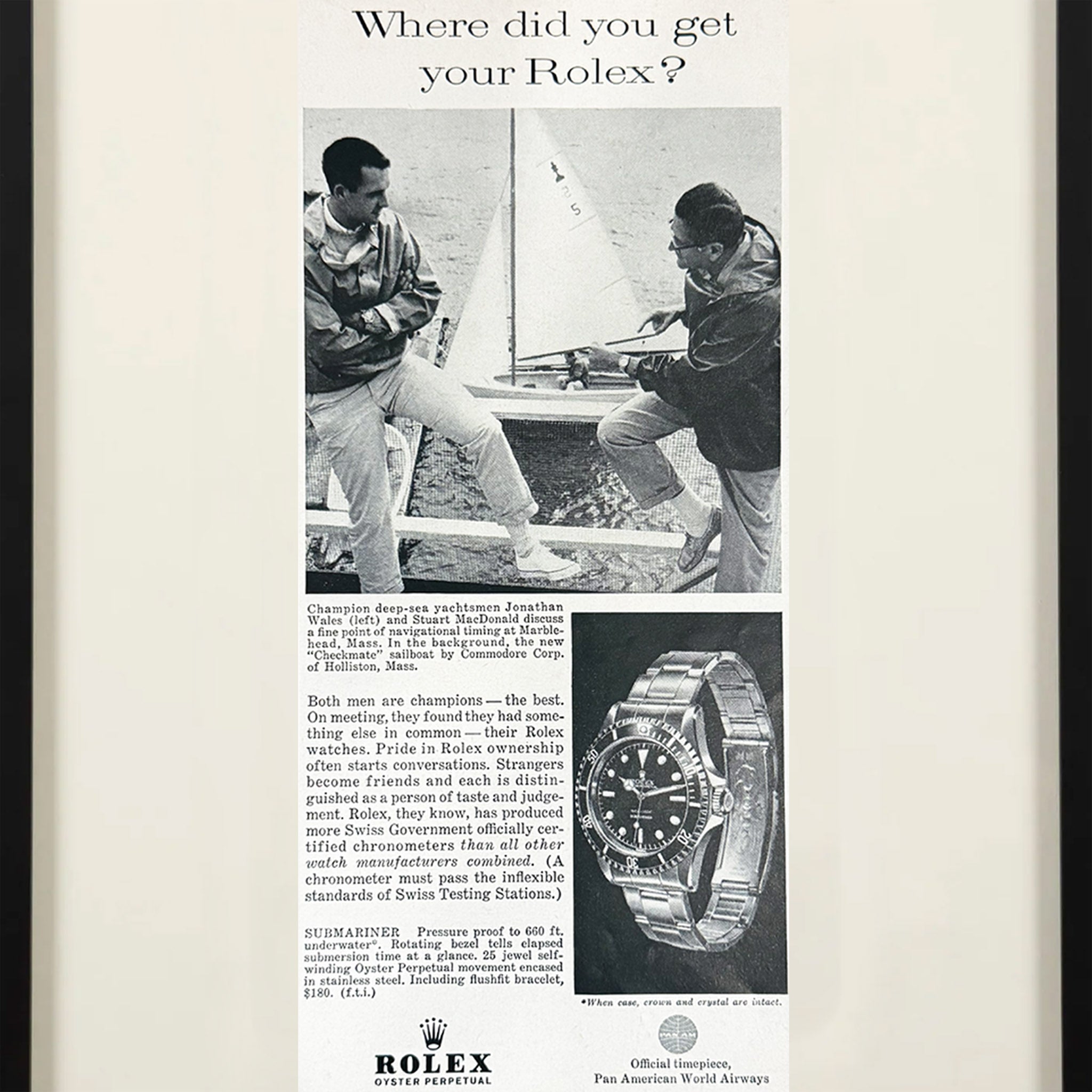 Framed Rolex Submariner “Where Did You Get Your Rolex?” Vintage Advertisement