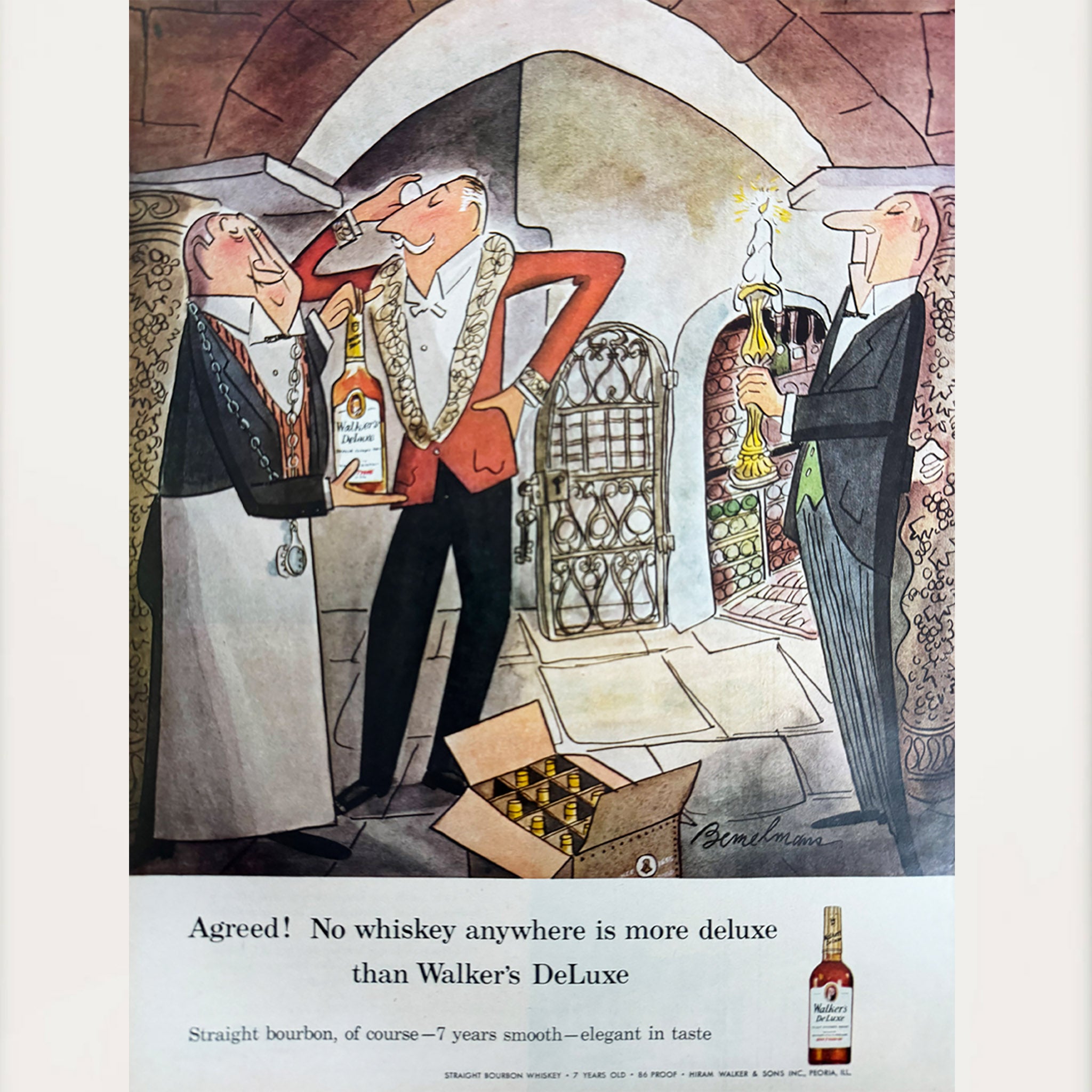 Framed Ludwig Bemelmans Walker's deLuxe Bourbon Wine Cellar Ad