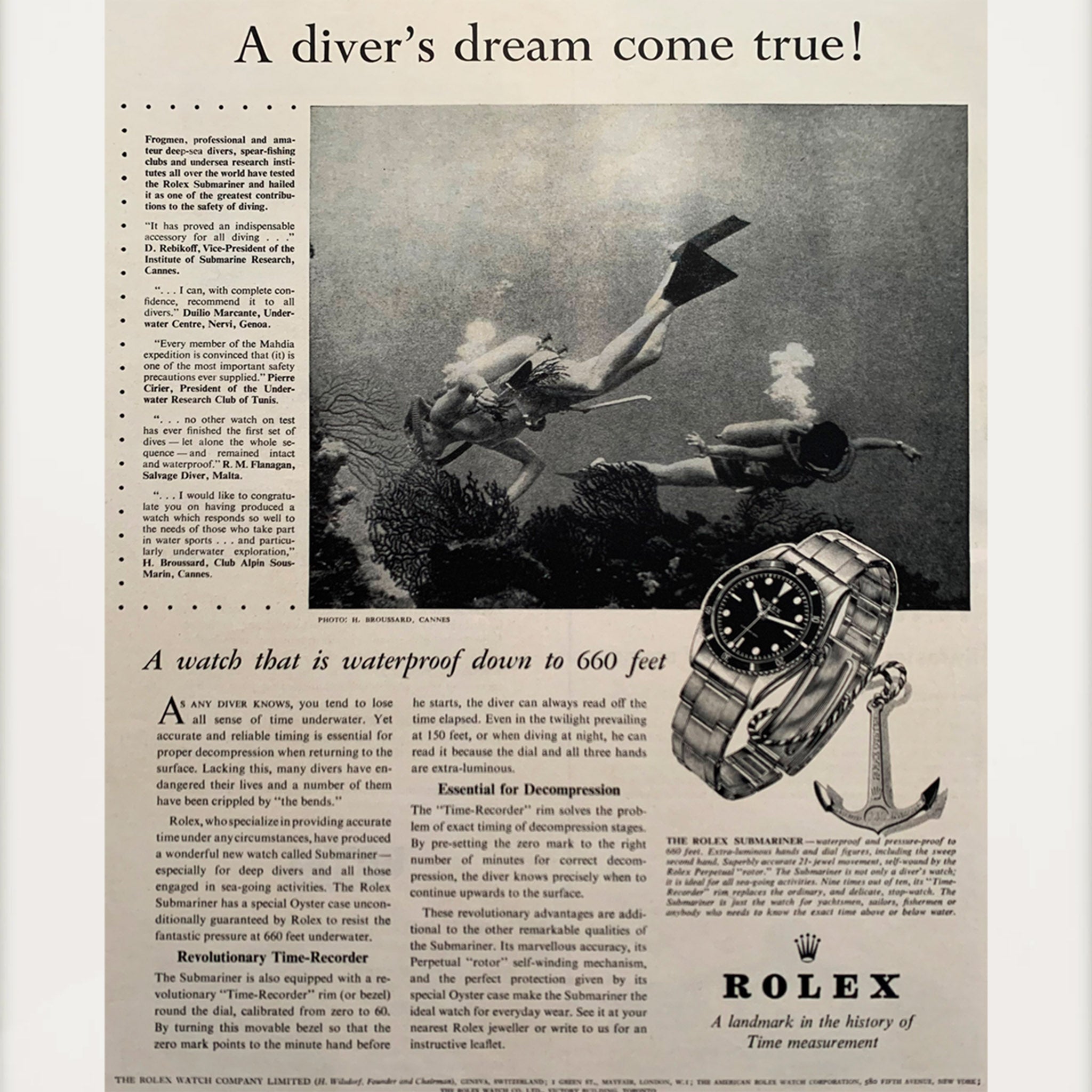 Framed Rolex Submariner a Diver's Dream Advertisement