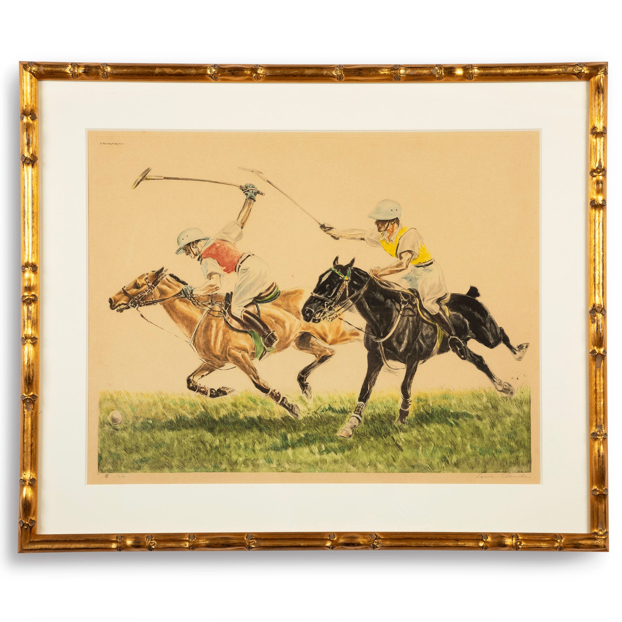 Framed Midcentury Polo Etching by Louis Claude
