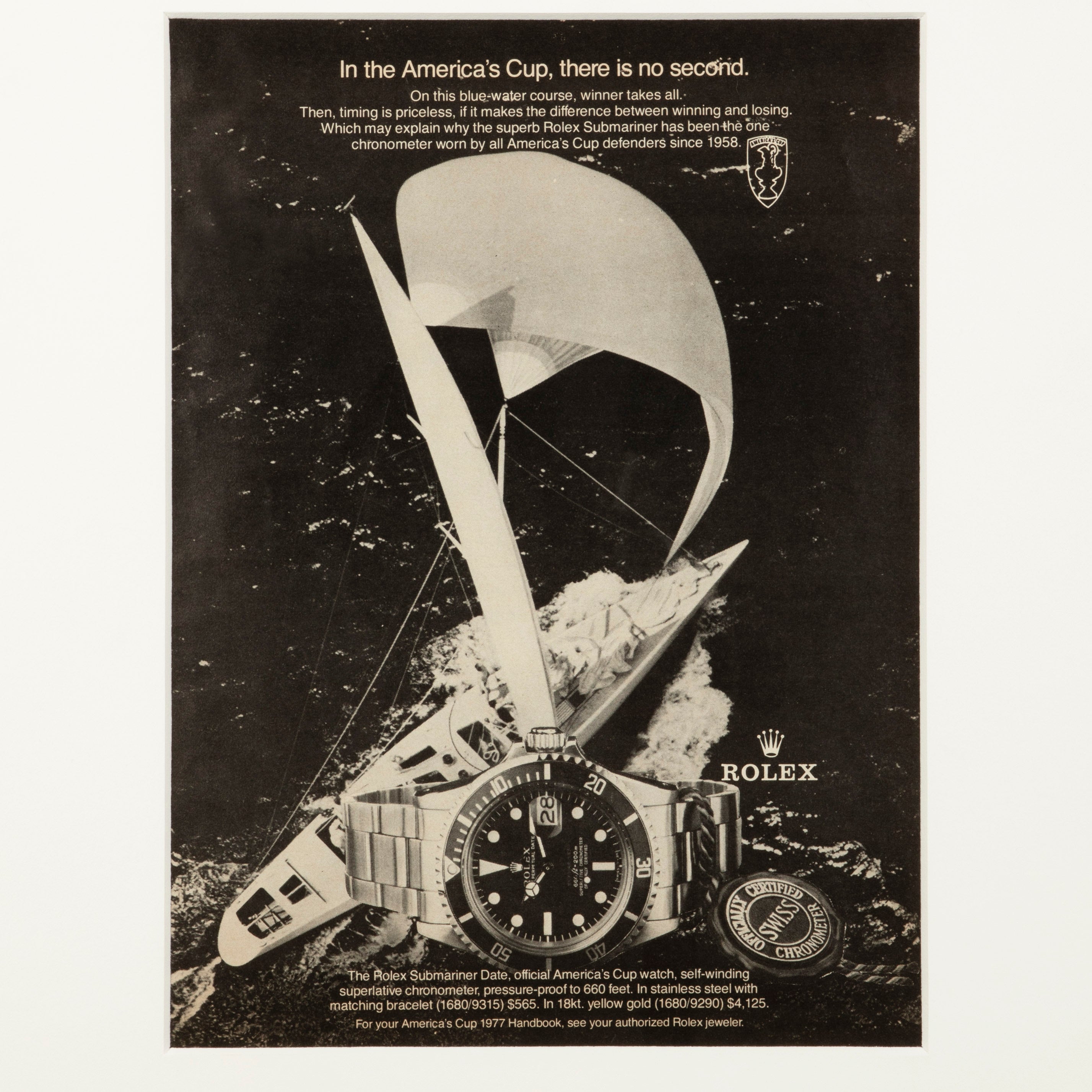 Framed Vintage Rolex Submariner America's Cup Ad