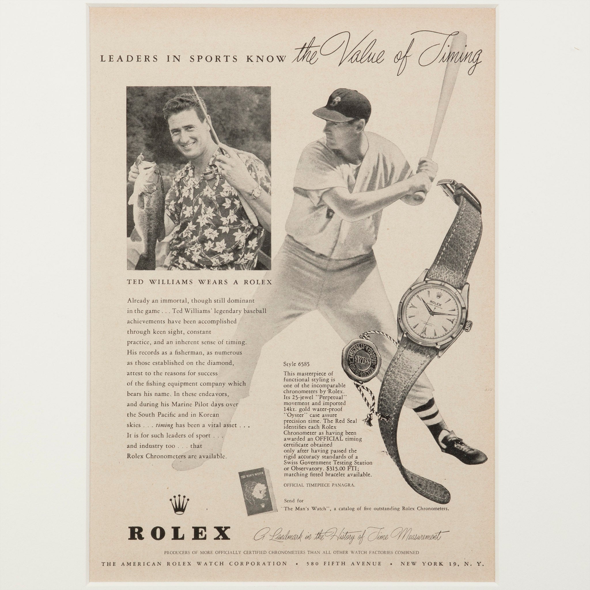 Framed Vintage Rolex Ted Williams Advertisement