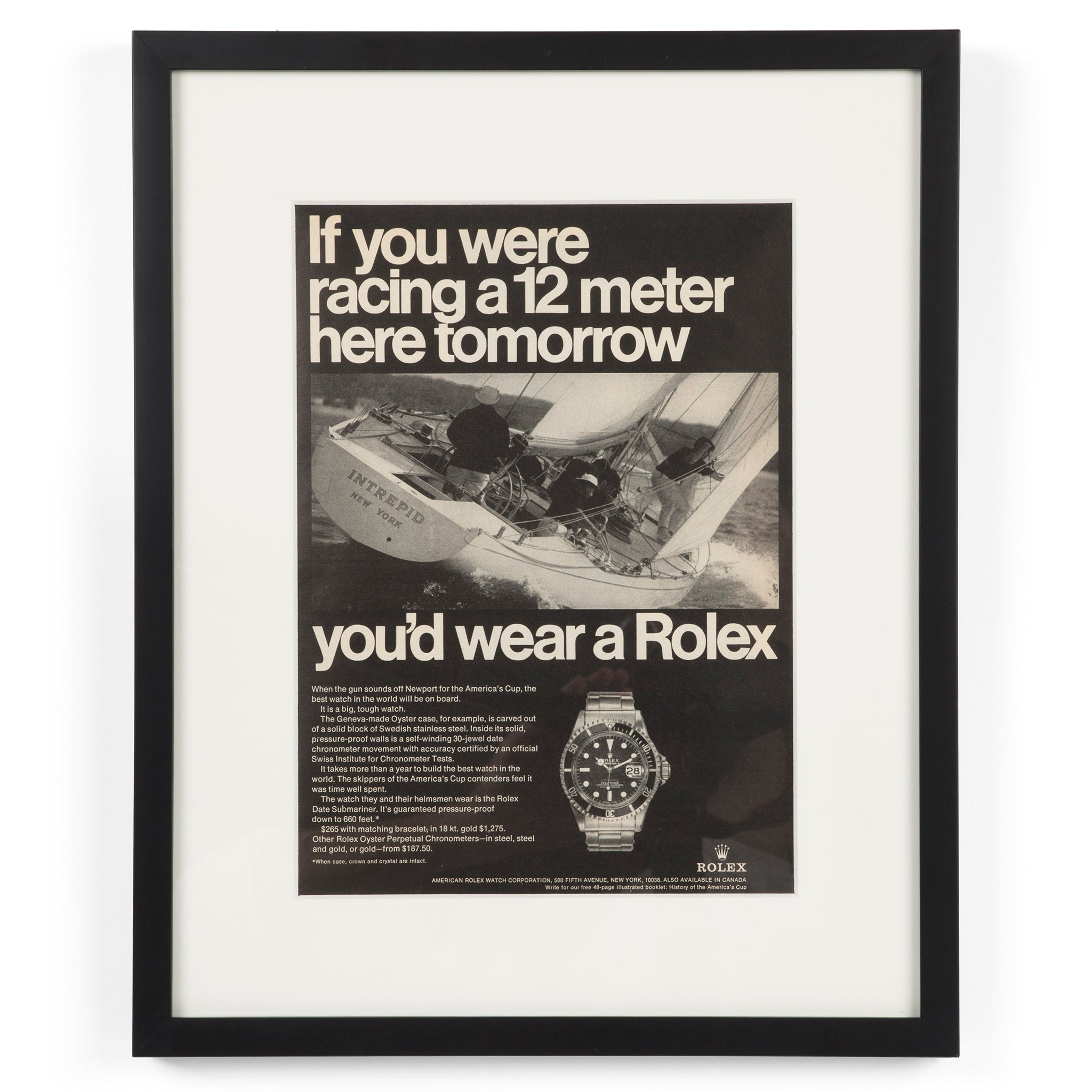Framed Vintage Rolex Submariner America's Cup Intrepid Ad