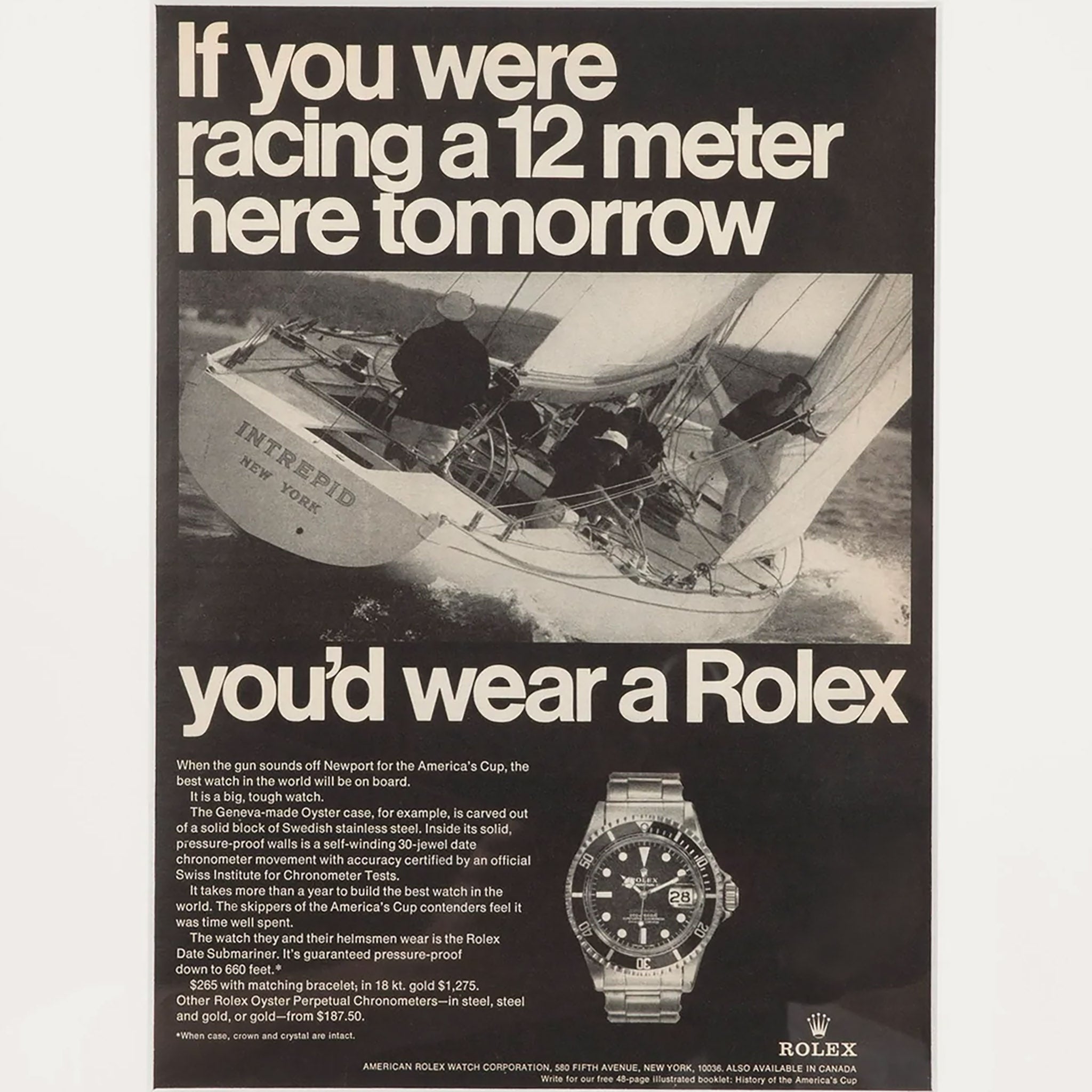 Framed Vintage Rolex Submariner America's Cup Intrepid Ad