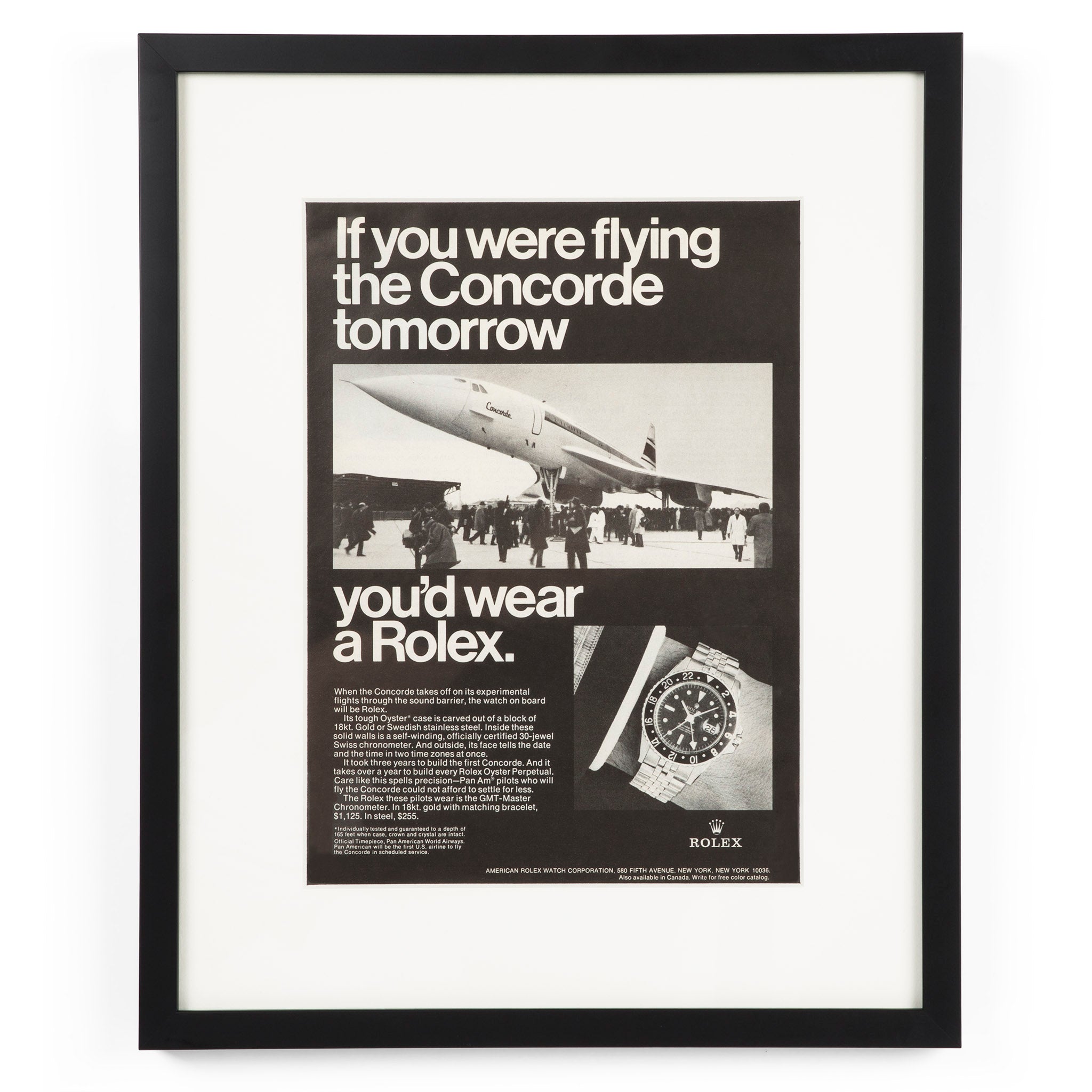 Framed Vintage Rolex Watch Concorde Jet Ad