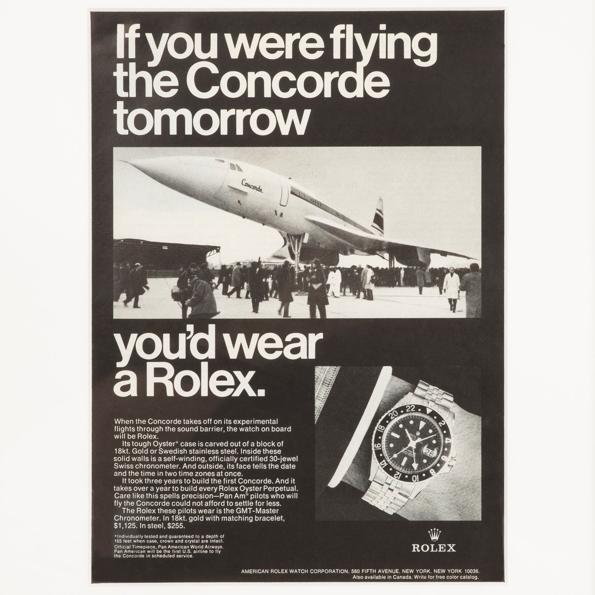 Framed Vintage Rolex Watch Concorde Jet Ad