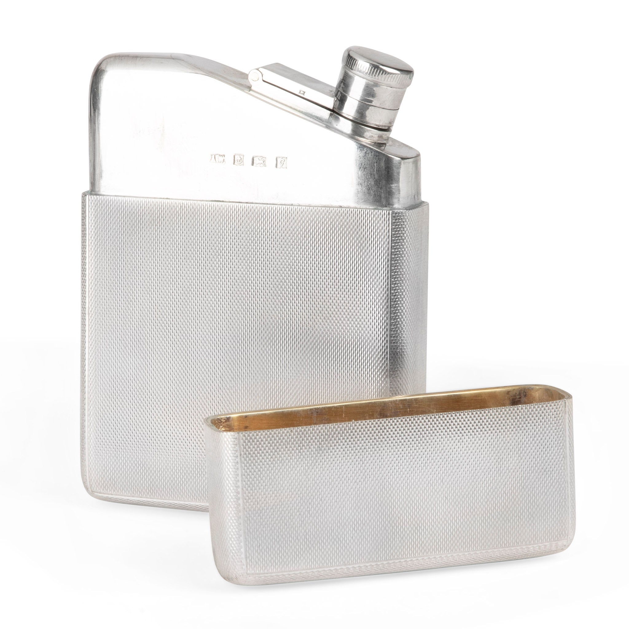 A. Wilcox Sterling Silver Engine Turned Hip Flask