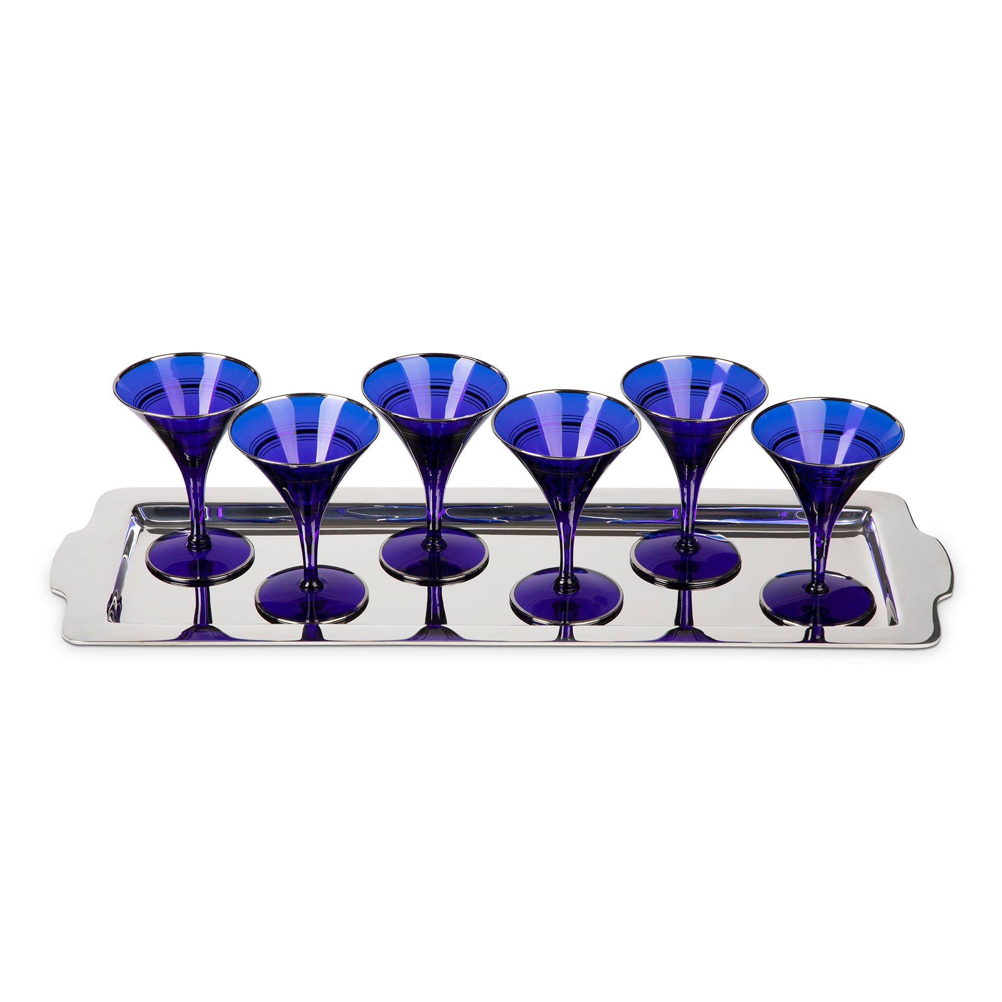 Art Deco Cobalt Blue & Silver Overlay Martini Glass Set